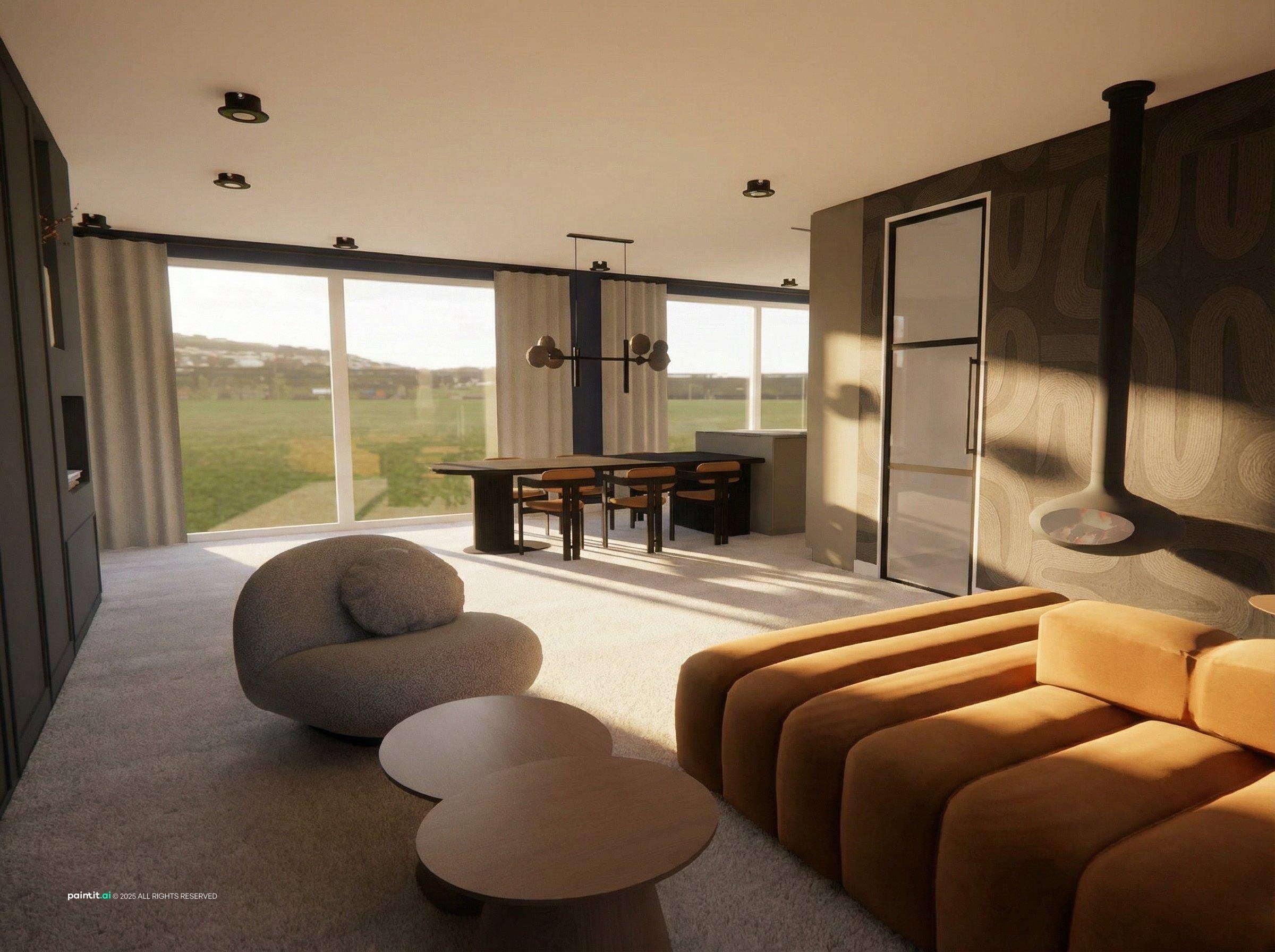 Modern living and dining room with dark walls, a curved orange-brown sofa and a gray lounge chair