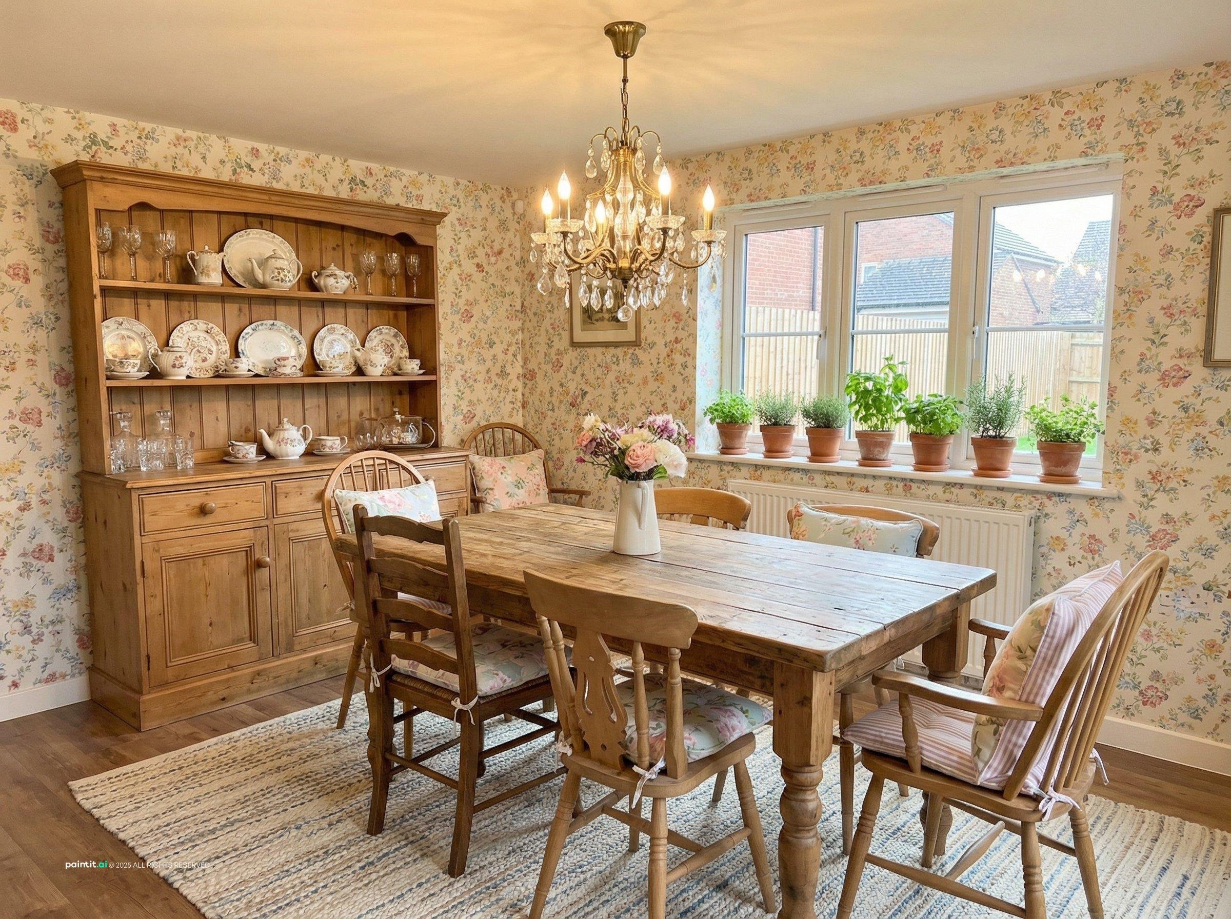 Cottage dining room with floral wallpaper, a wooden dresser displaying plates, a chandelier and a farmhouse table
