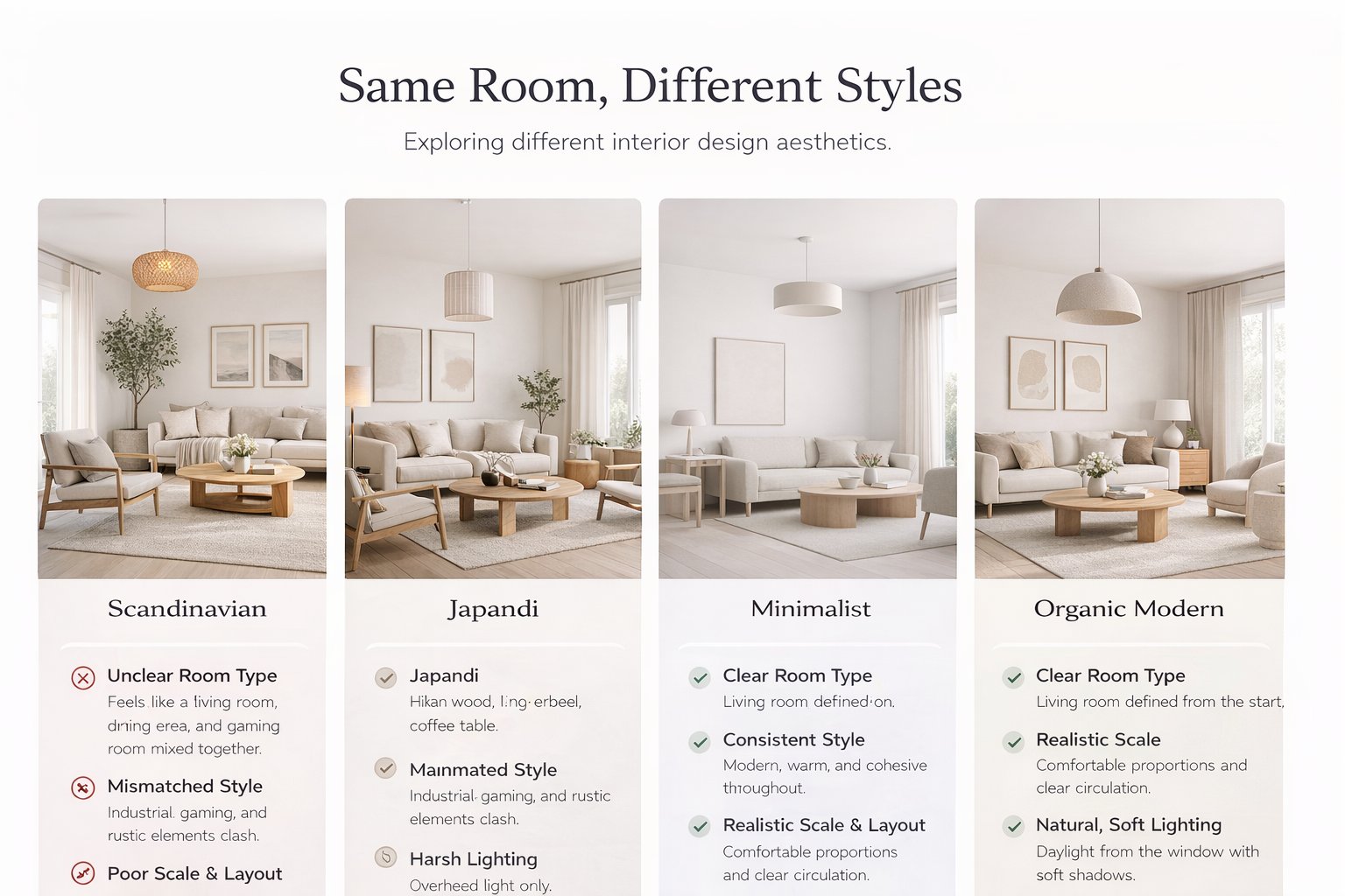 Same room interpreted in different design styles to show visual language changes