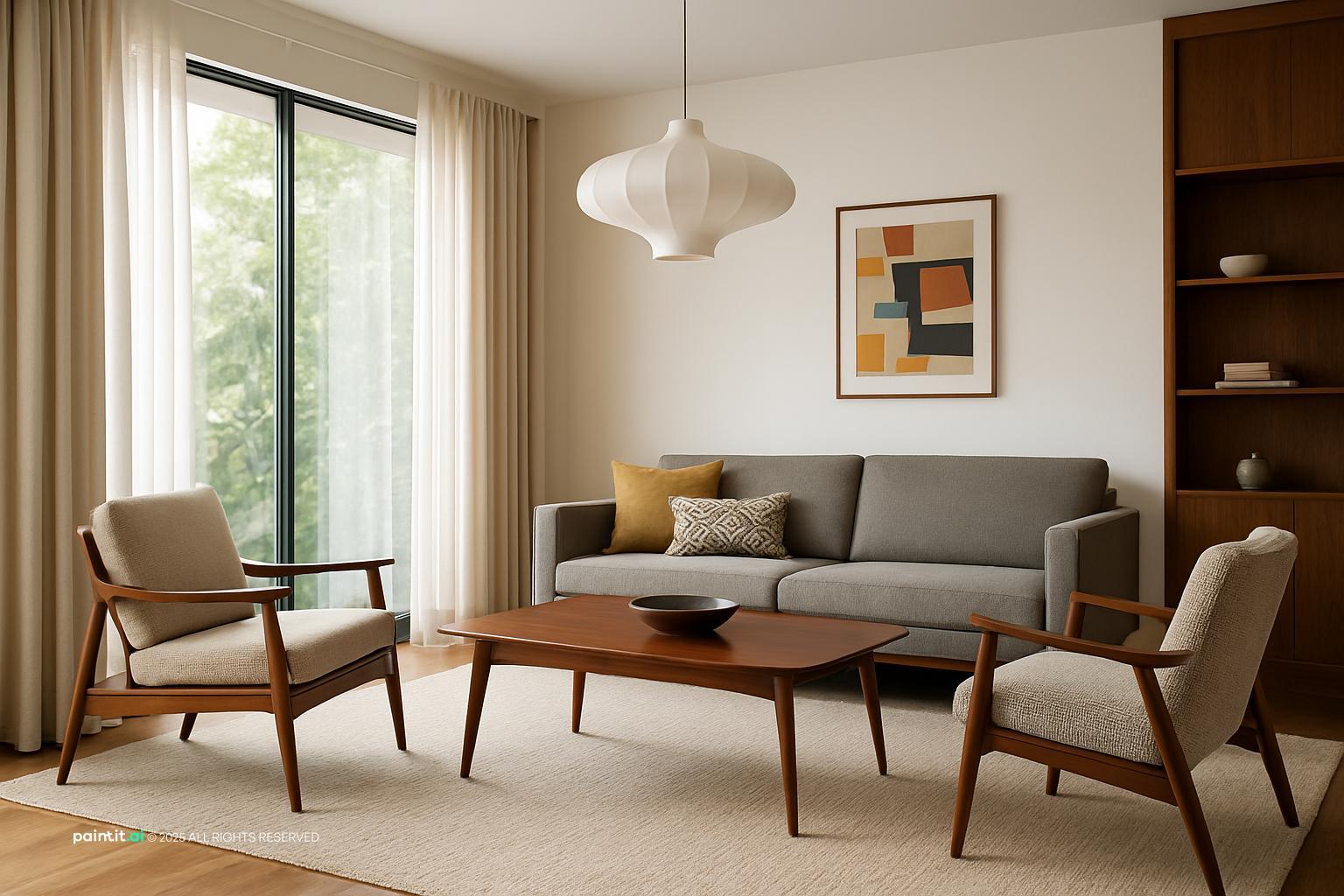Mid-century living room with white walls, a gray sofa, walnut armchairs and a walnut coffee table