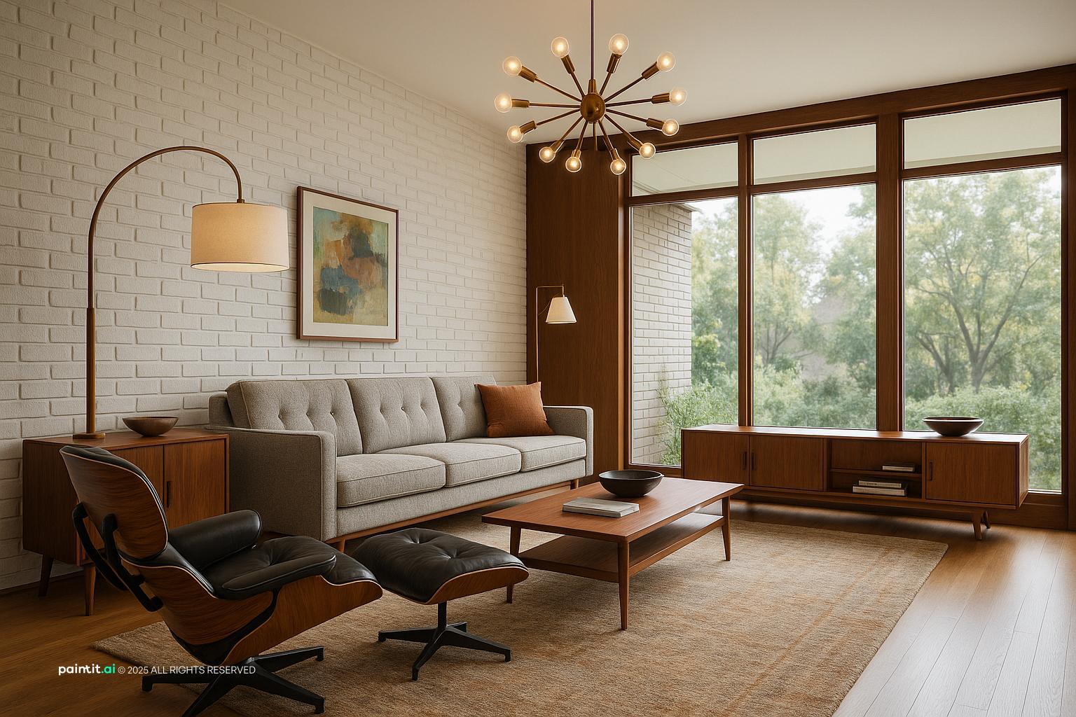 Living room with a painted white brick accent wall, a grey sofa and a mid-century lounge chair