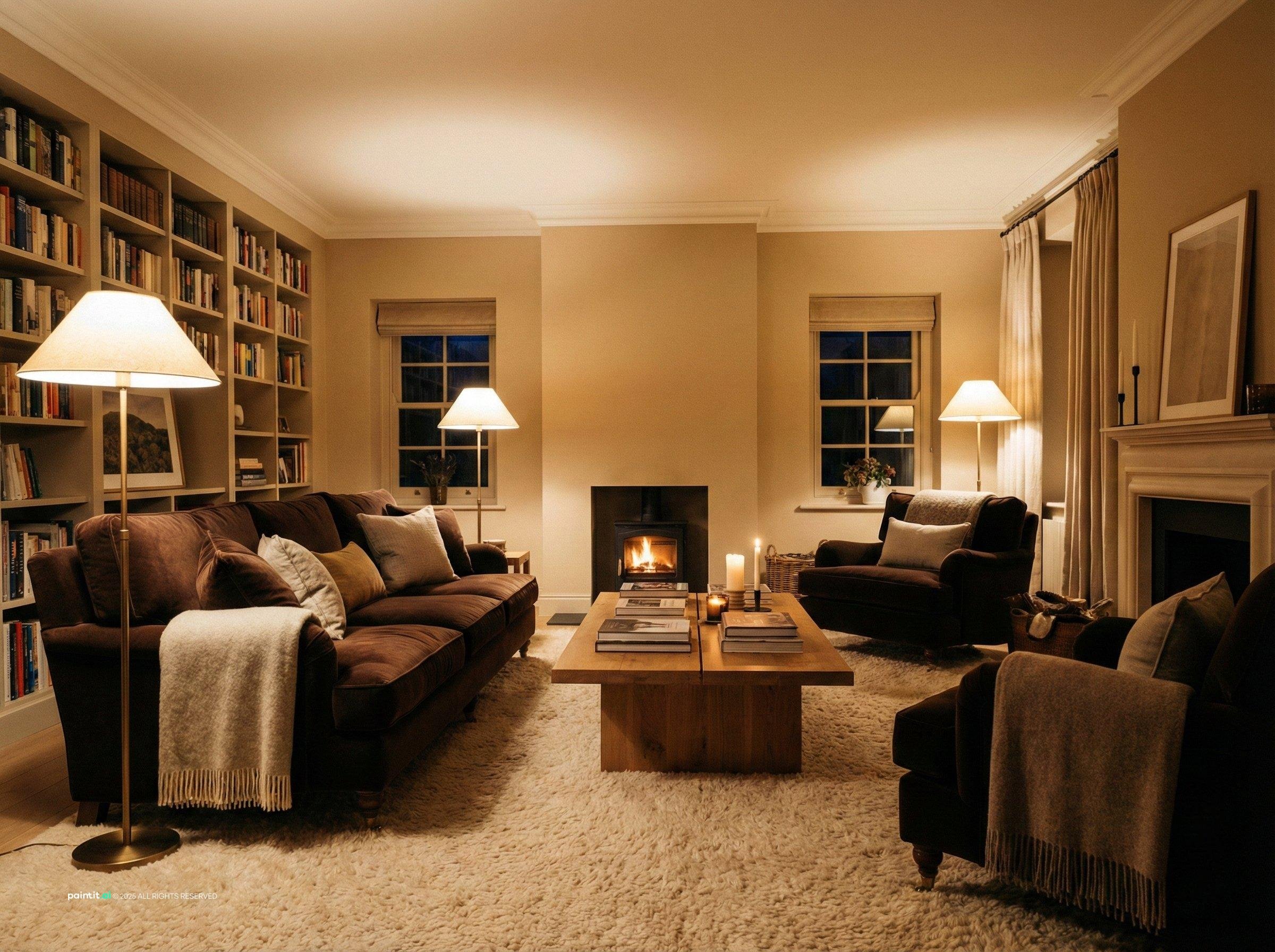 Cozy living room with a brown velvet sofa, a stone fireplace, built-in bookshelves and warm lamps