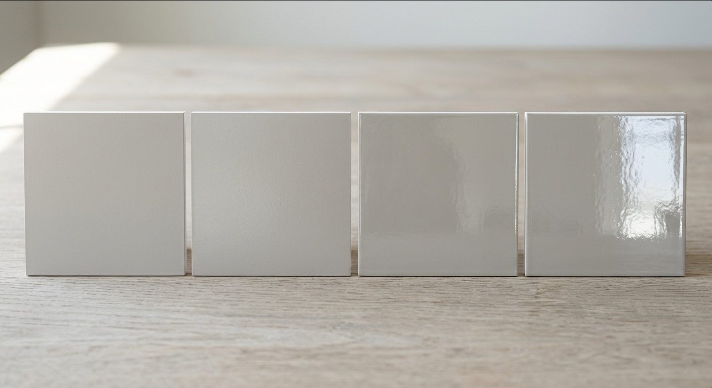 Four identical small wall sections painted the same soft gray color but in four different sheens &mdash; flat, satin, semi-gloss, and gloss