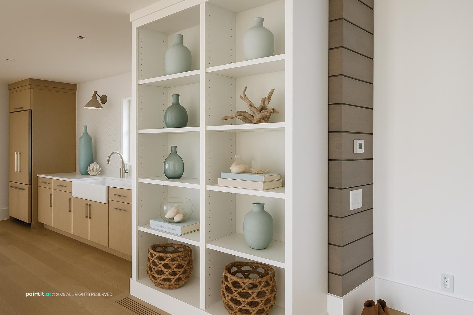 White open shelves styled with glass bottles, coral, baskets and blue ceramics