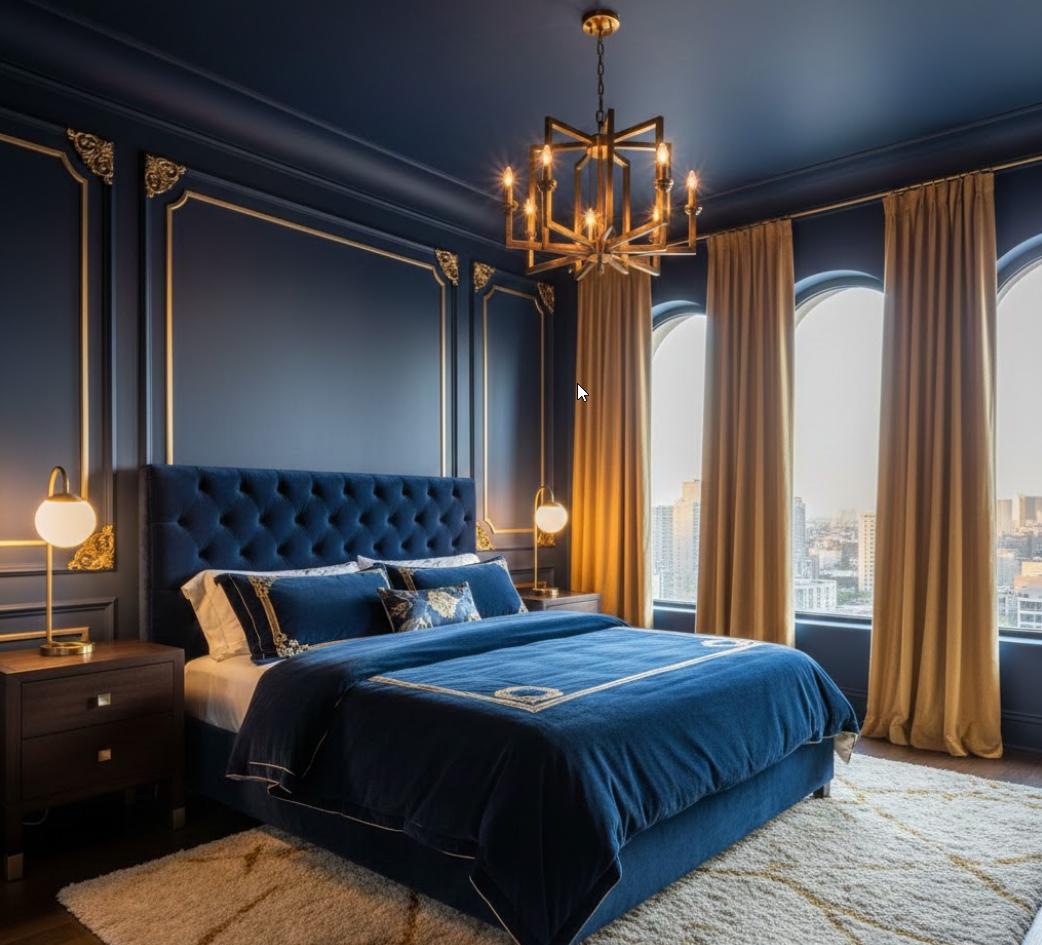 Gilded Luxury in a Navy Blue Bedroom