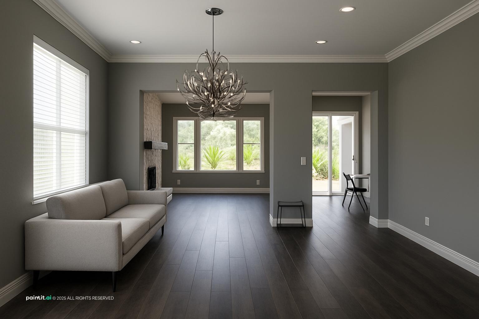 Living room with gray walls, dark wood floors, a gray sofa and a chandelier