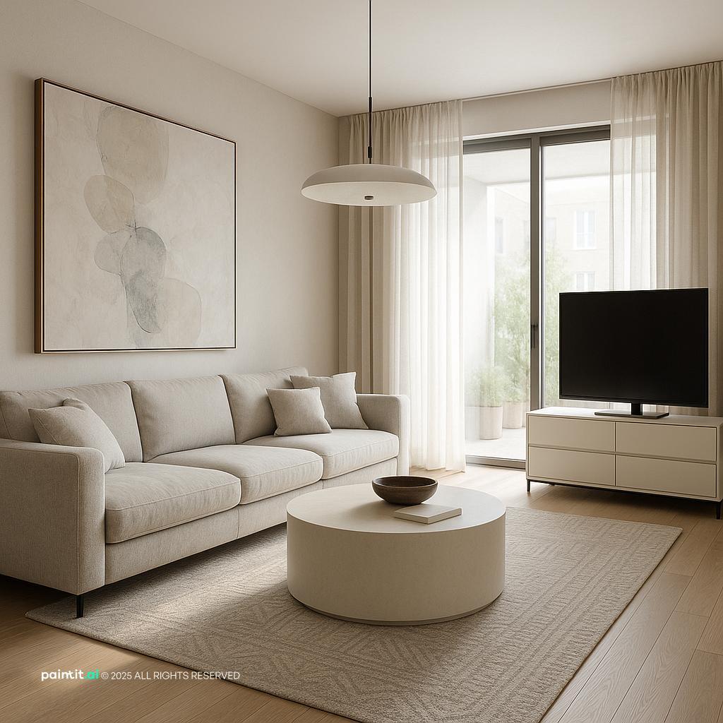 Modern light yellow living room design in soft neutrals, creating a serene and inviting contemporary atmosphere.