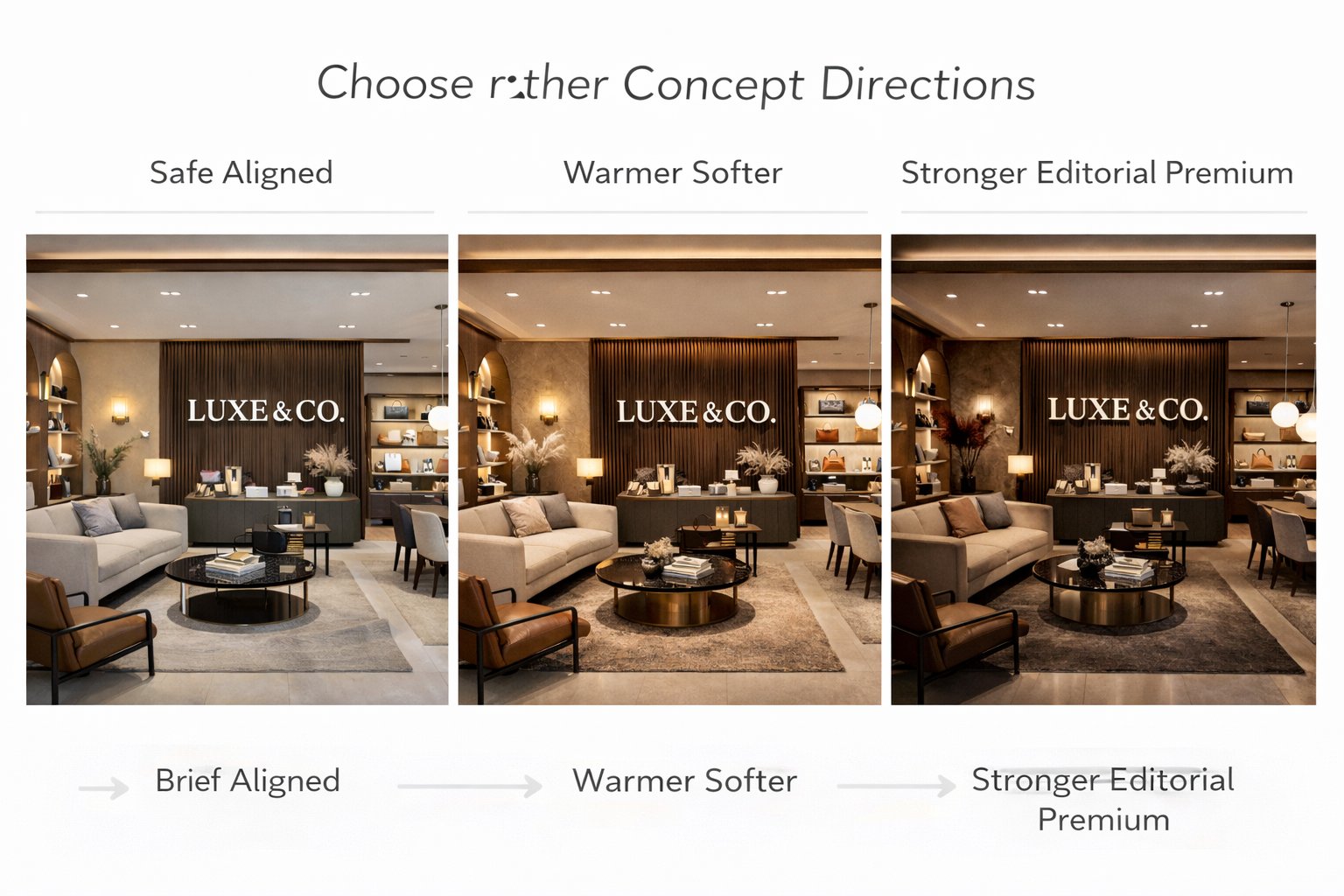 Three clear client design directions compared side by side for easier decision making