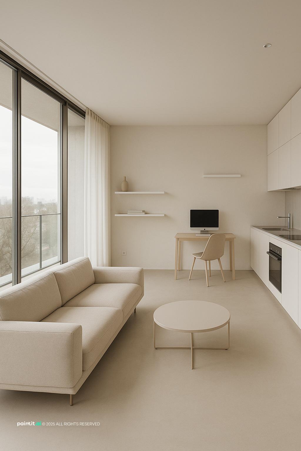Minimalist studio layout with flexible furniture