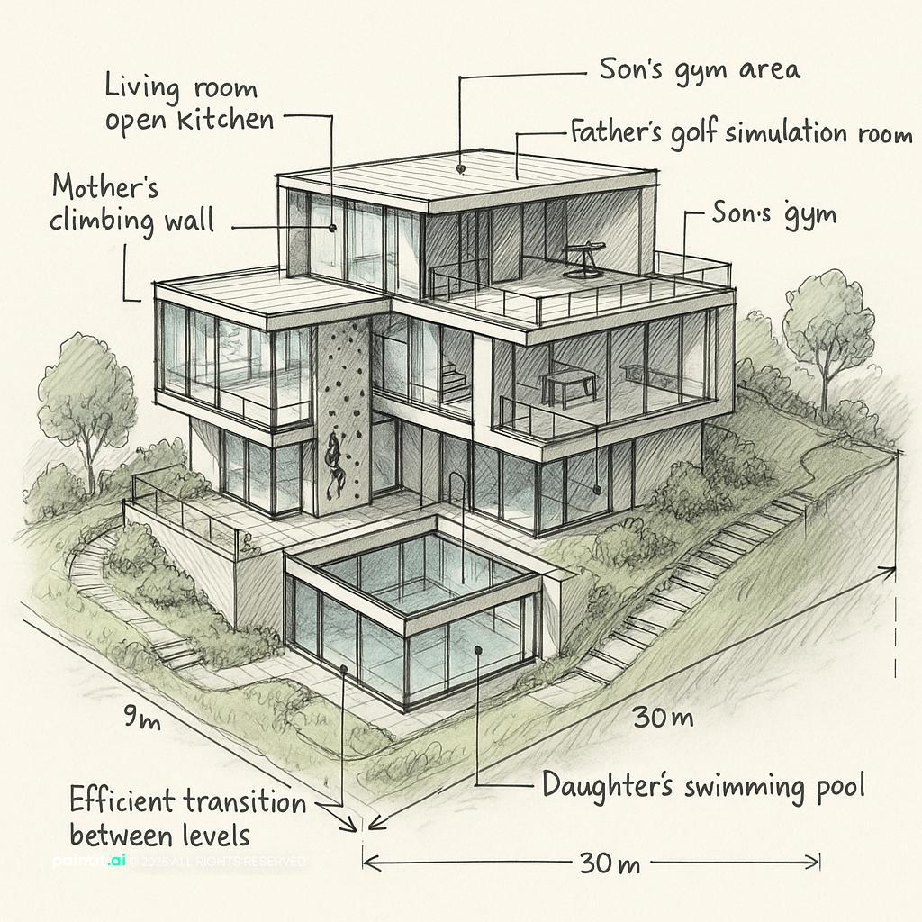 Modern Family Home with Unique Activity Spaces showing kid-friendly play zone, natural light for Play Area In Living Room Ideas.