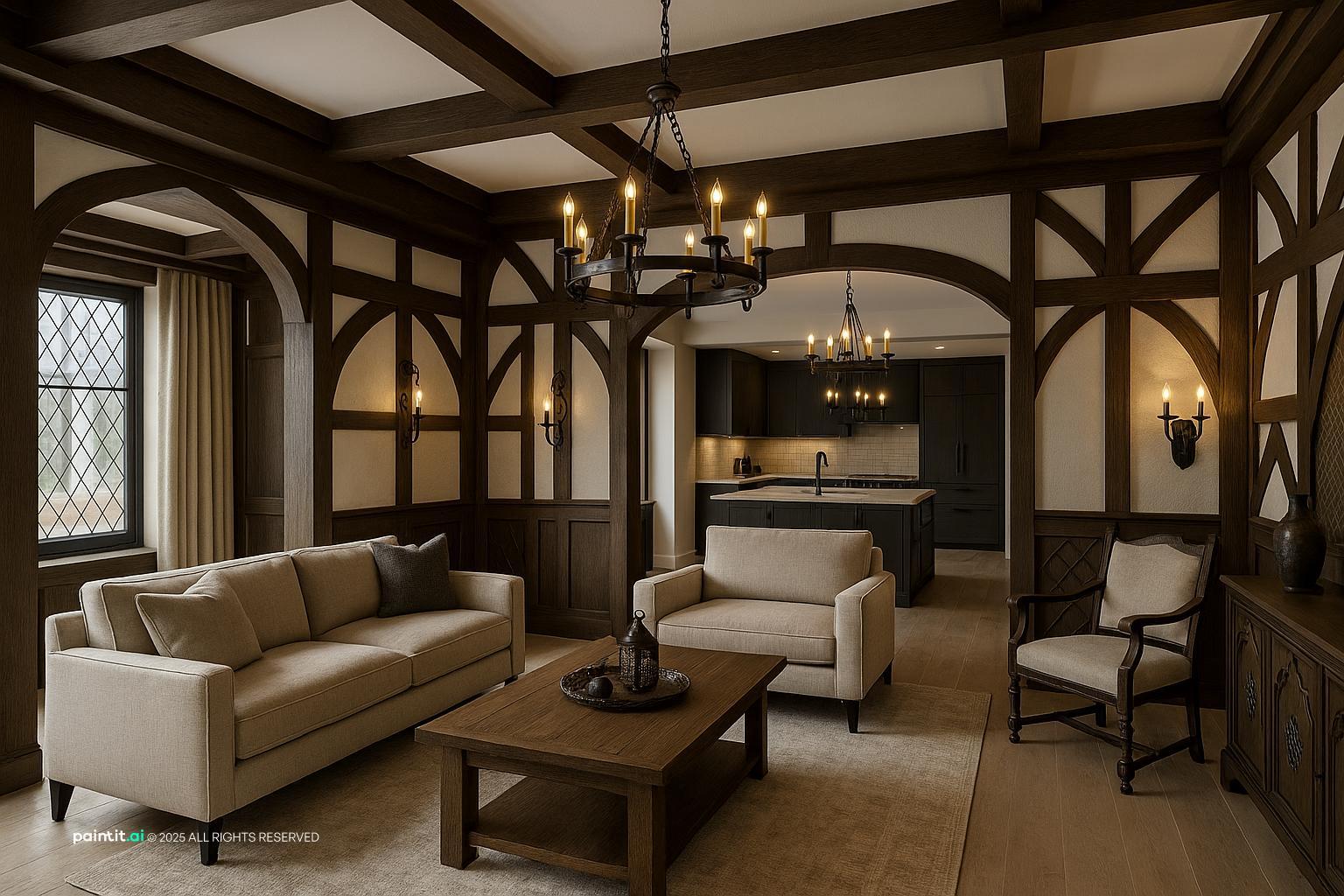 Living room with exposed half-timber framing, cream sofas, a wooden coffee table and an iron chandelier
