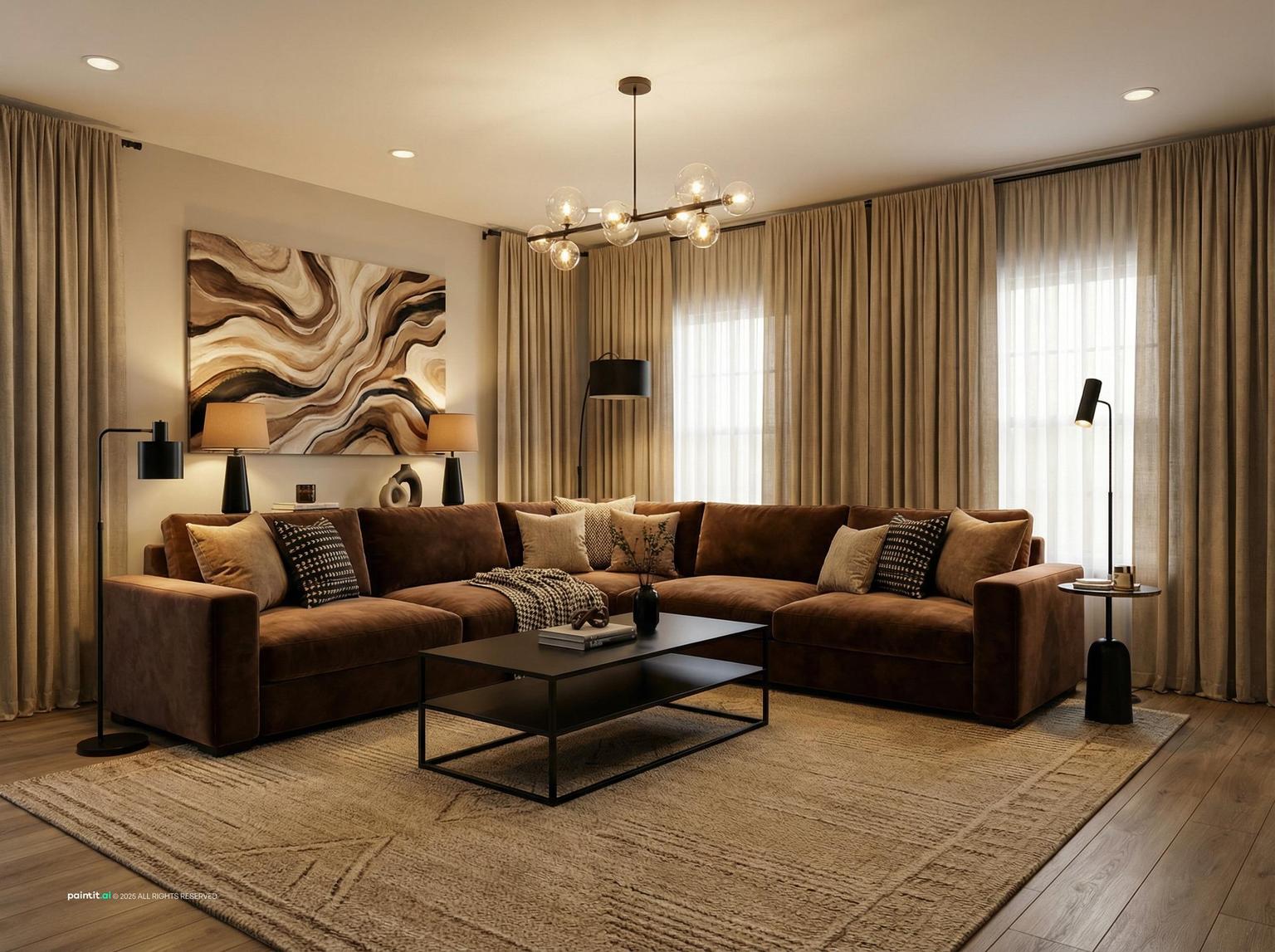 Living room with a brown sectional, a large marble-pattern painting and a black coffee table