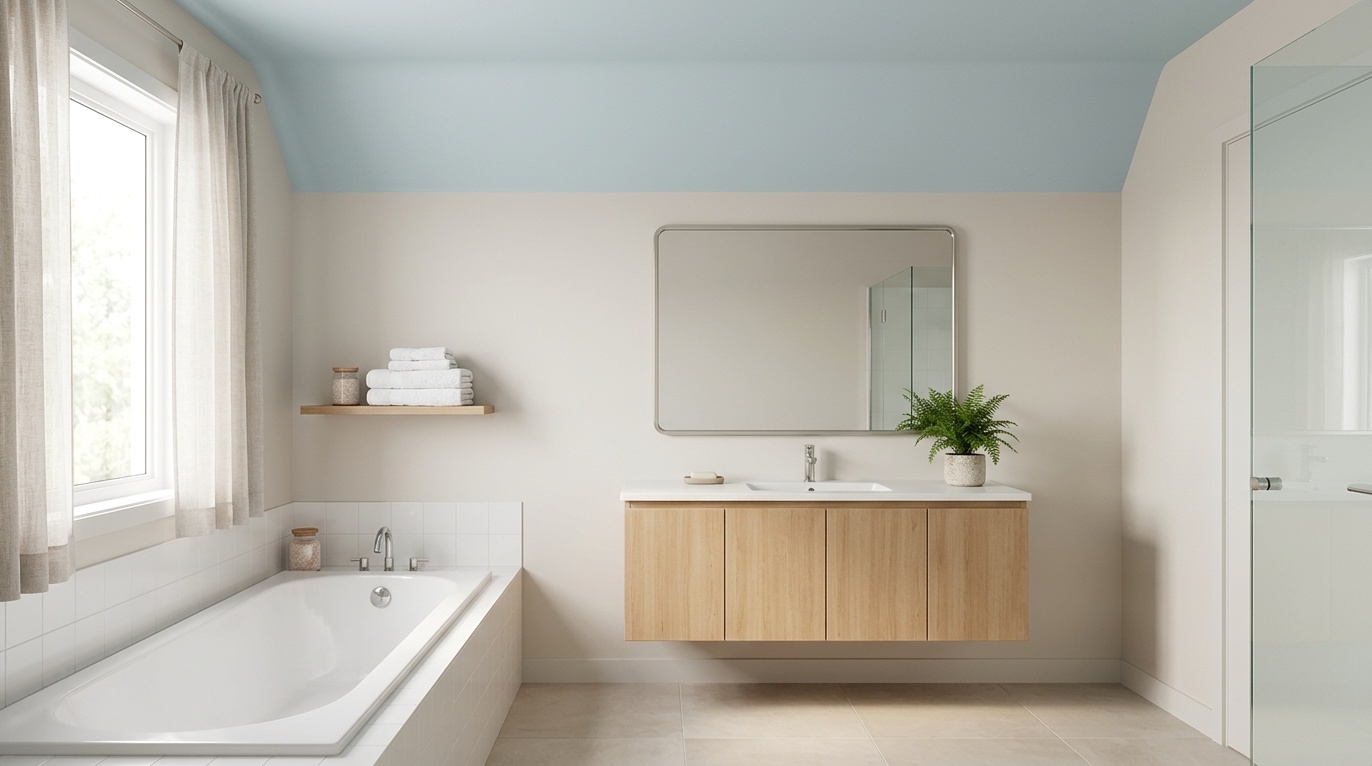 Bathroom with a pale misty blue moisture-resistant ceiling, neutral walls, bathtub, and soft natural light