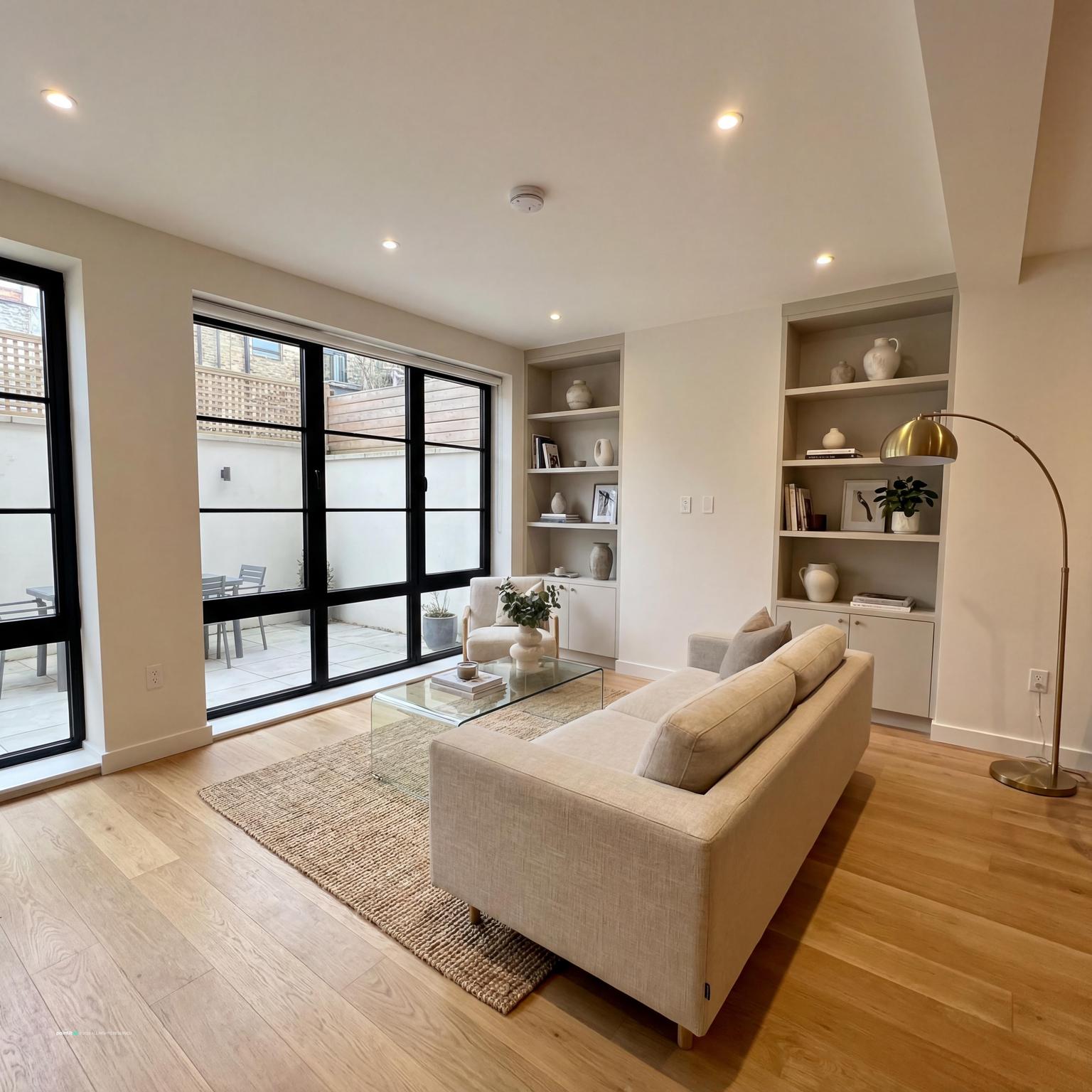 Modern compact living room decor design, expertly utilizing space and contemporary aesthetics to suit urban apartment living.