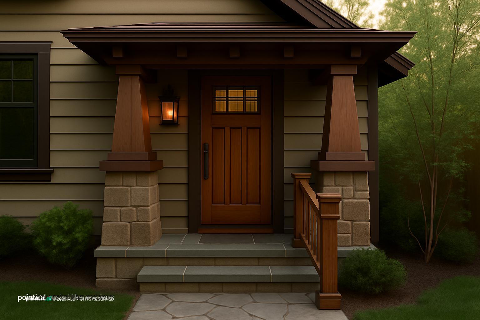 Arts and Crafts style entrance with a wooden door, tapered columns, stone base and warm lanterns