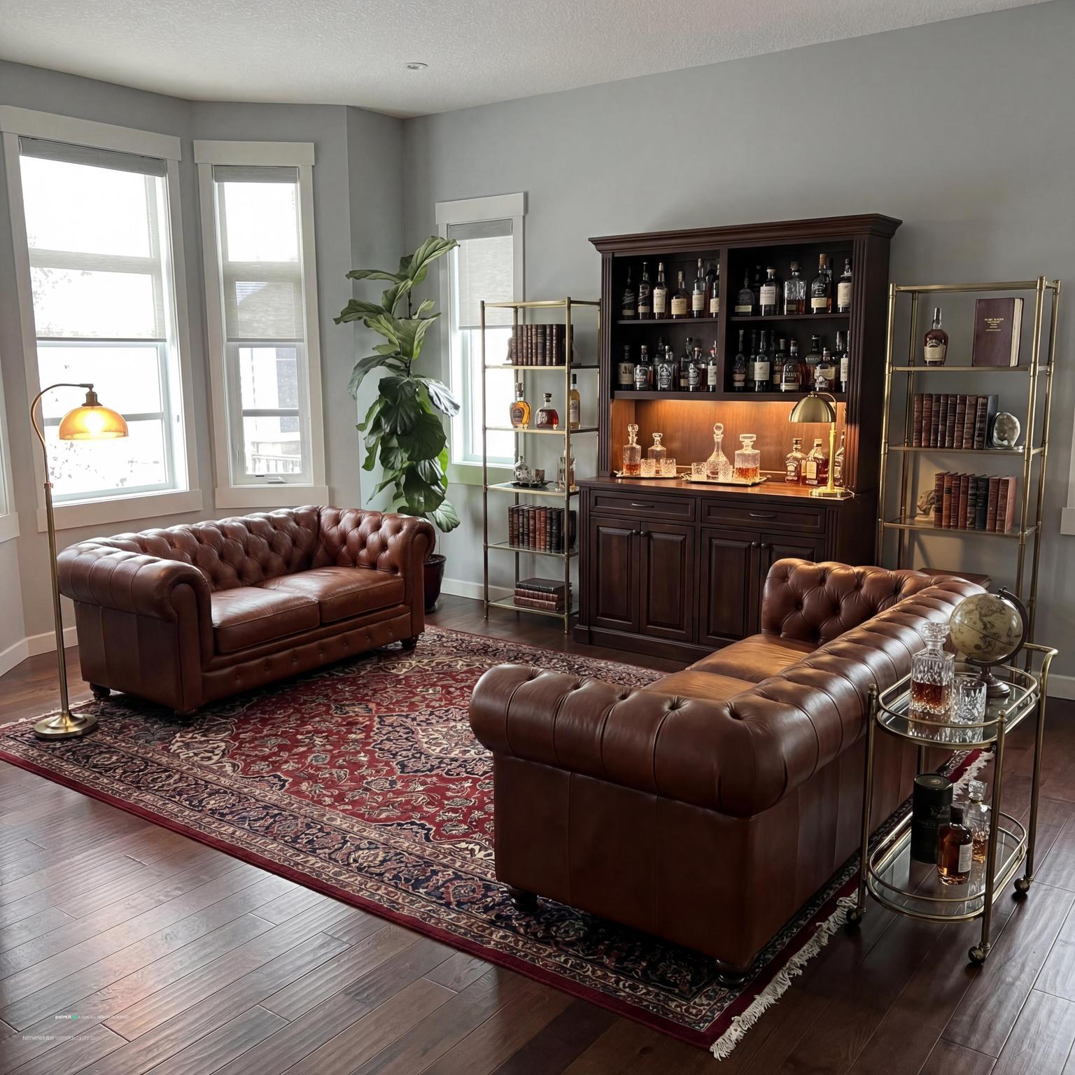 Living room turned into a whiskey lounge with a Chesterfield sofa, a bar cabinet and a patterned rug