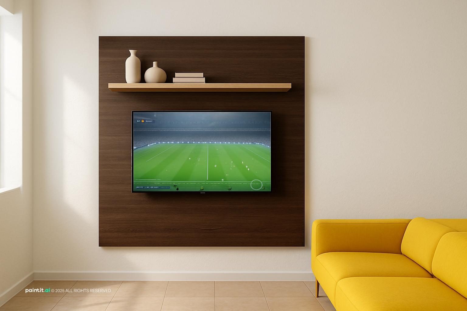 Bright living room with white walls, a yellow sofa and a dark wood TV panel