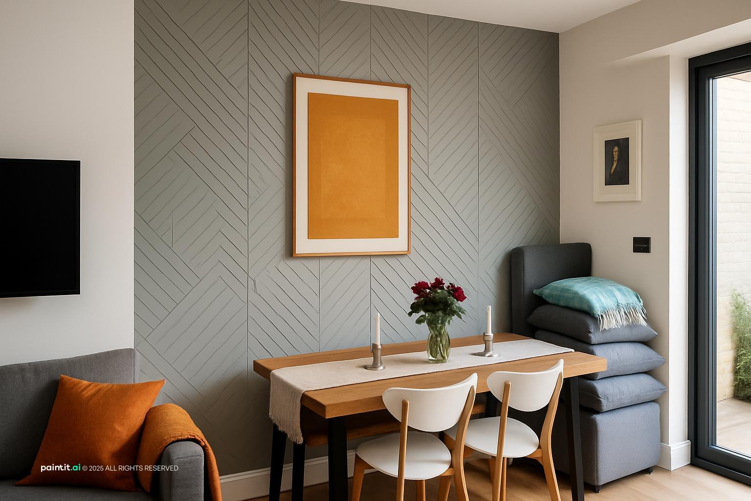 Living and dining corner with a gray herringbone textured wall, an orange artwork and an orange cushion