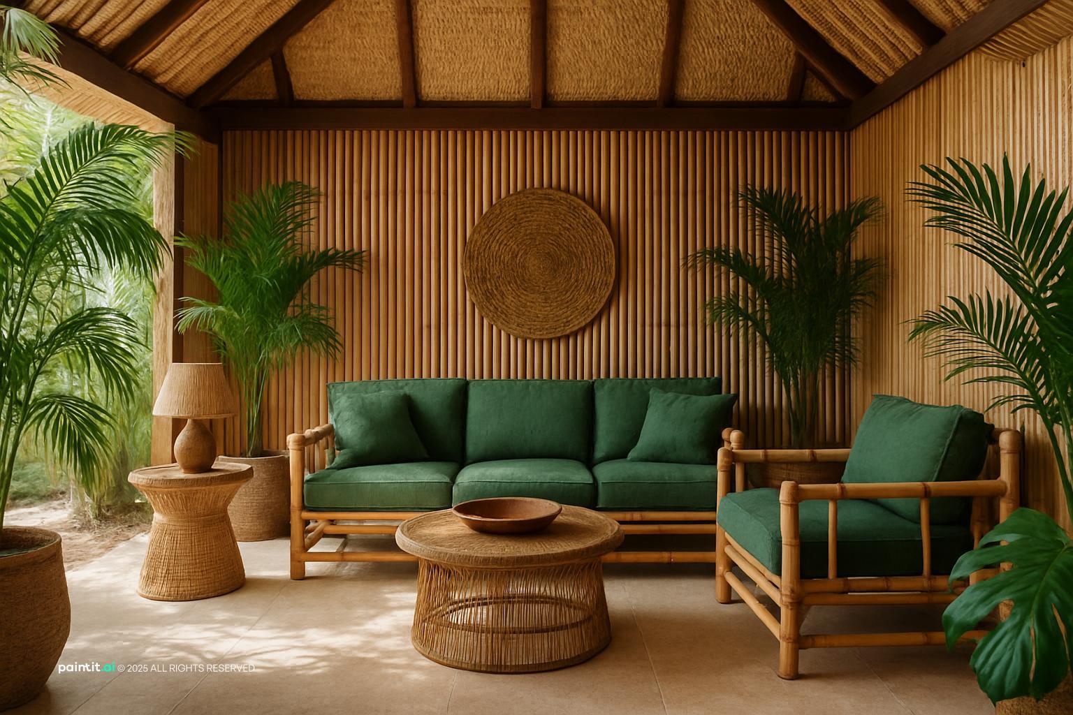 Tropical bamboo interior with natural materials and palm greenery