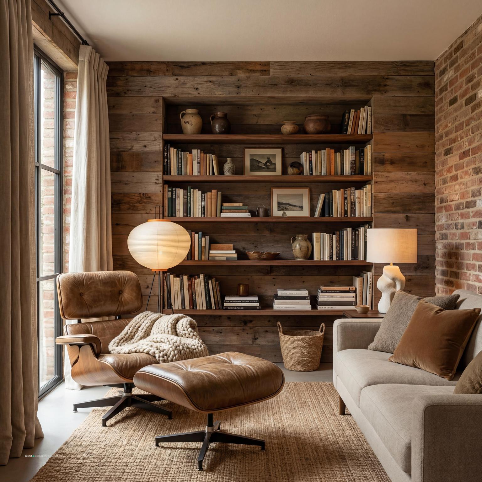 Cozy 70s inspired midcentury modern reading room design, with plush seating, warm lighting, and a relaxed, nostalgic ambiance.