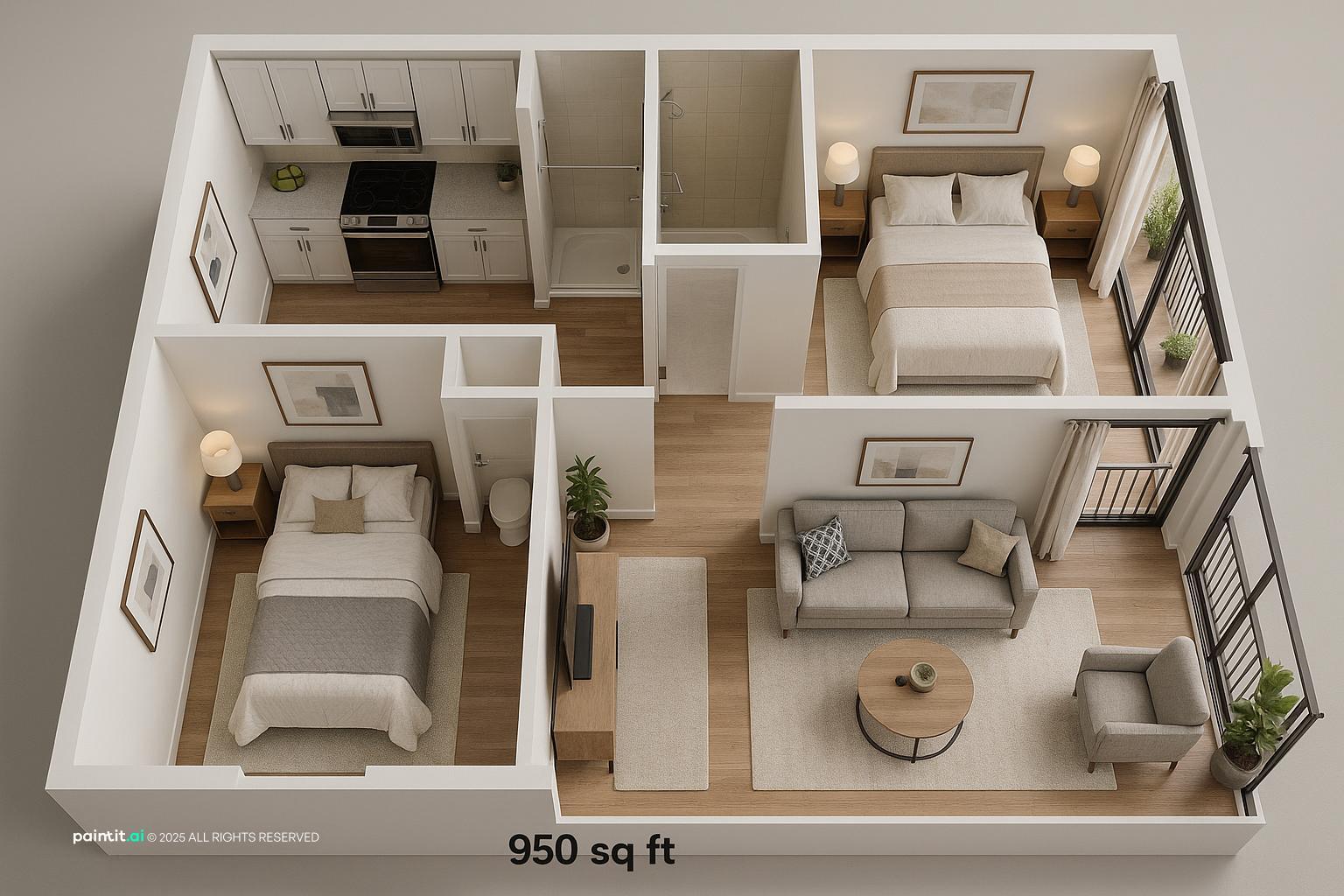Modern 950 sqft Apartment Interior Design showing compact proportions, layered neutrals, natural light for Small Apartment Living Room Ideas.