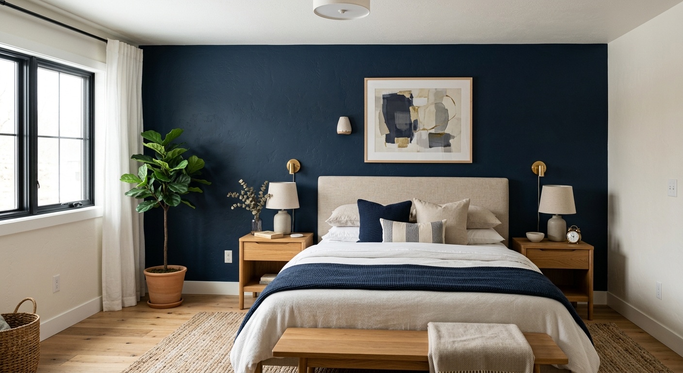 Bedroom with a deep navy accent wall behind the bed