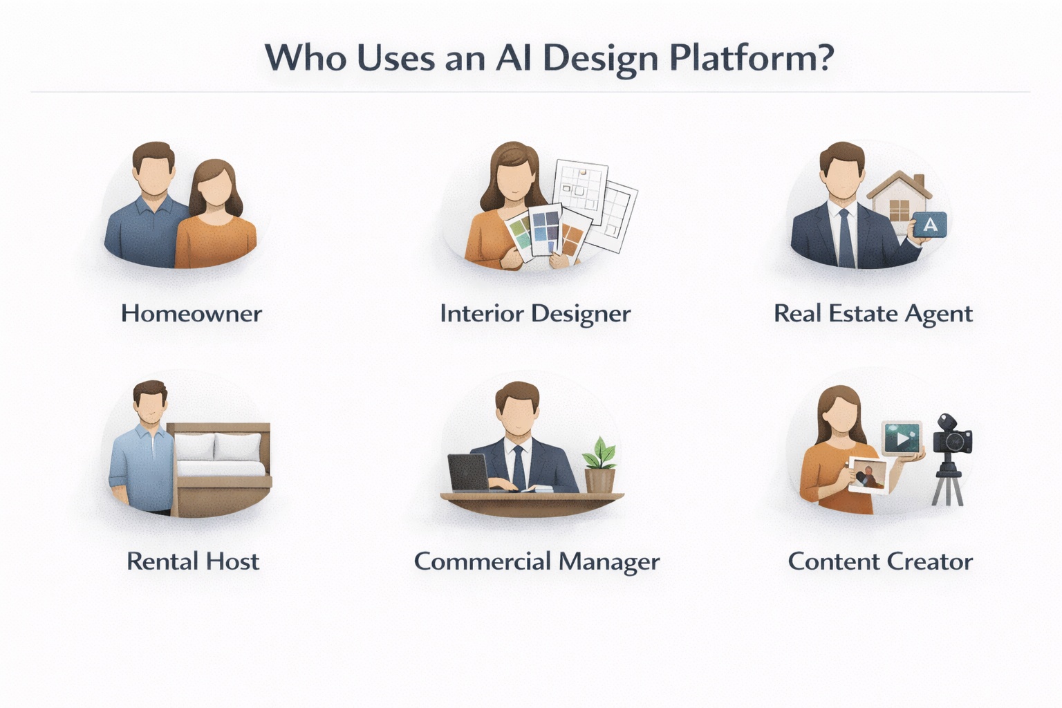Visual overview of Paintit.ai user groups including homeowners, designers, real estate teams, rentals, commercial spaces, and creators