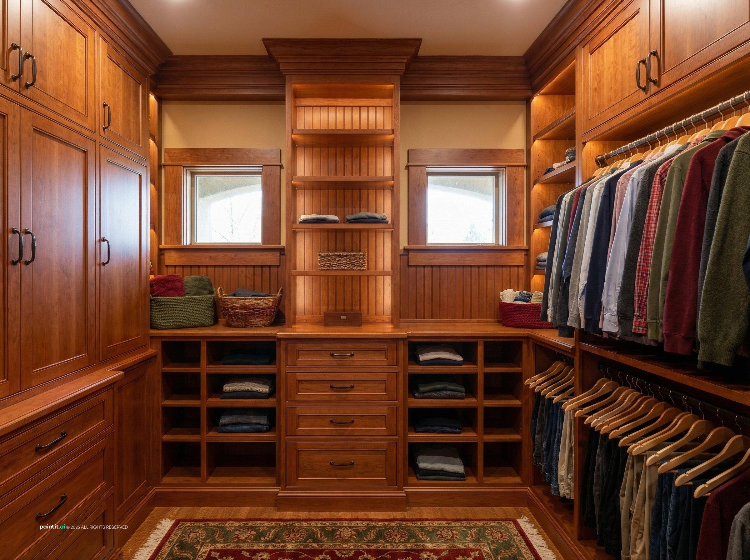 Craftsman-style walk-in wardrobe with rich wood
