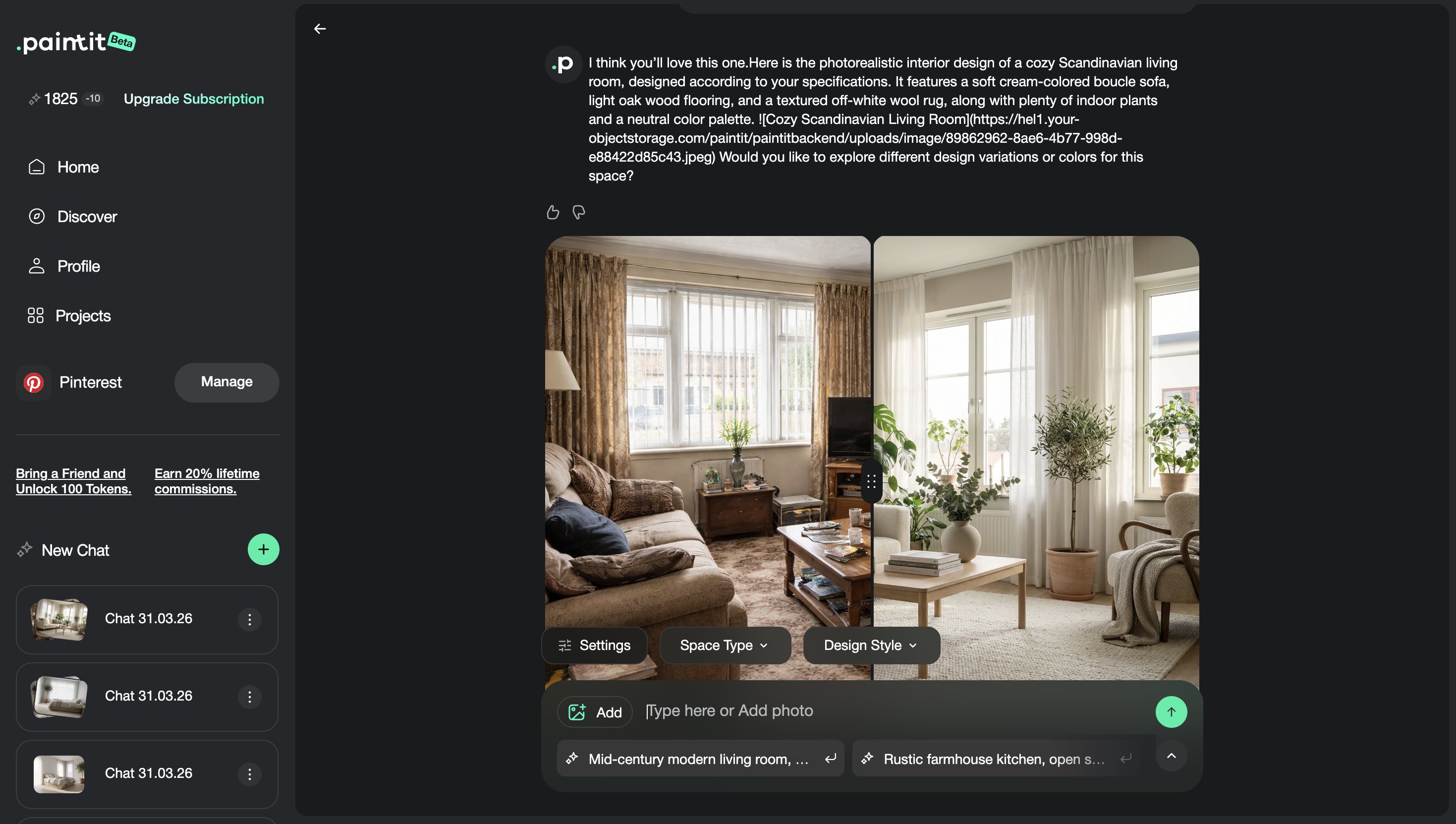 Paintit.ai full redesign workflow showing source image, prompt, and generated concept