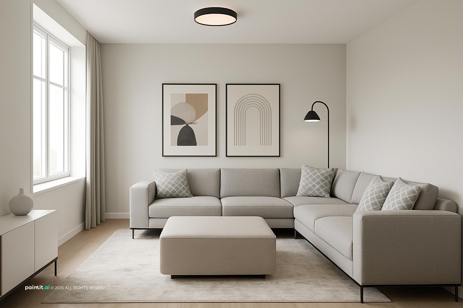 Minimal living room with a pale grey L-shaped sofa, an upholstered ottoman and two framed abstract prints