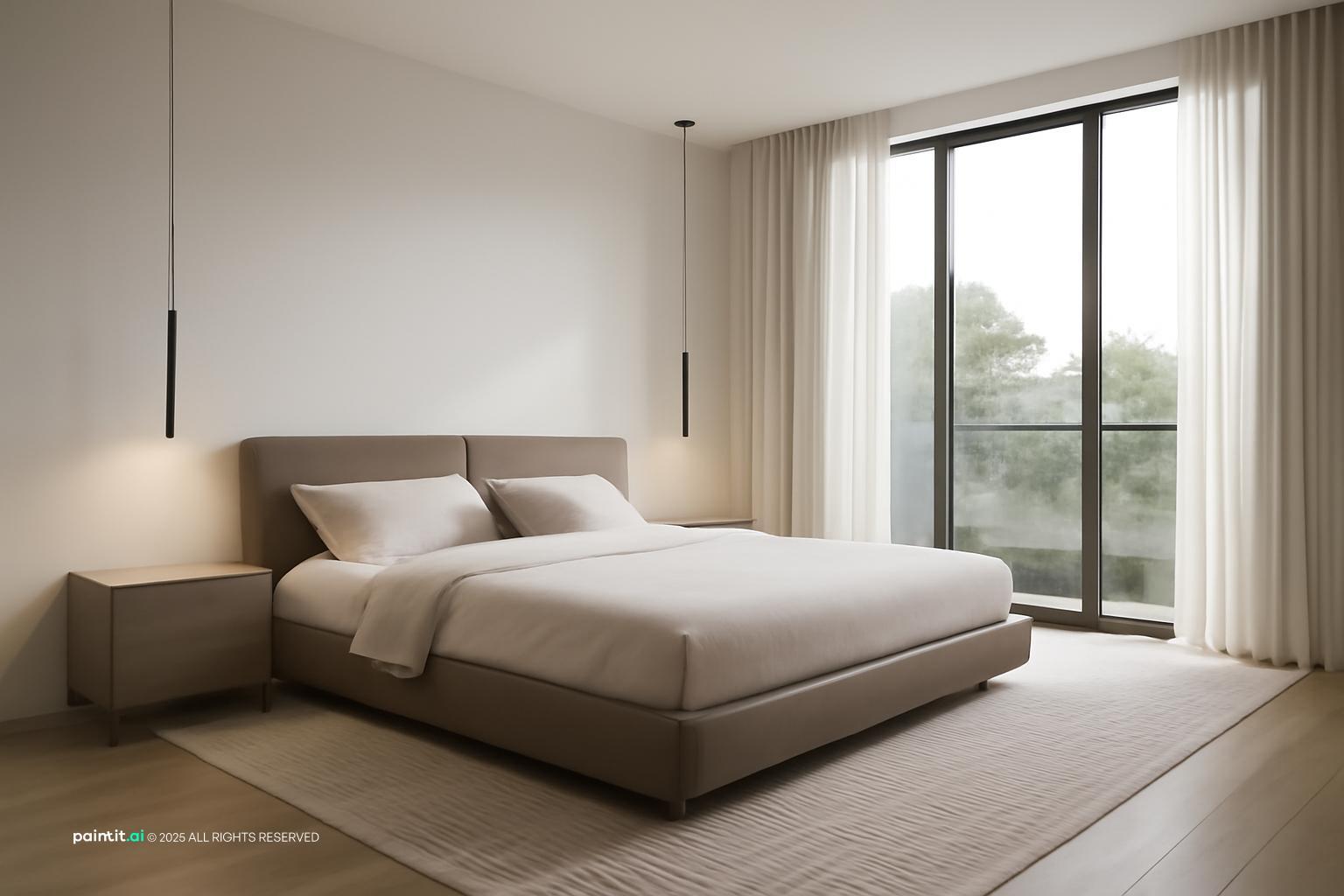 Contemporary bedroom with a low upholstered bed, sheer curtains and floor-to-ceiling windows