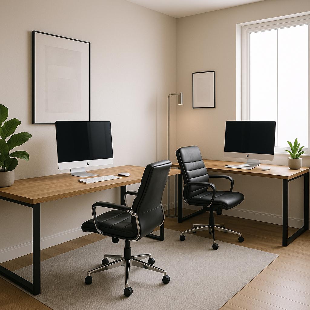 Modern office with organized desks and warm lighting