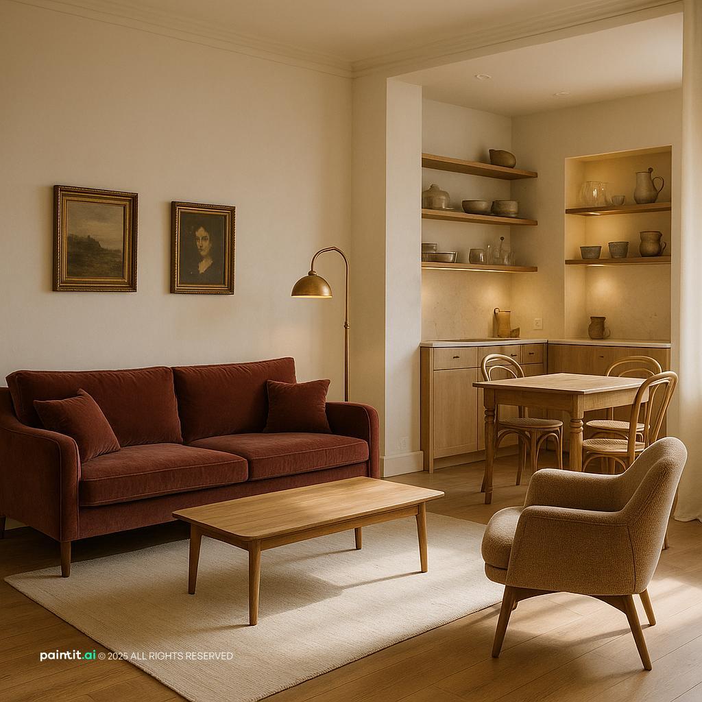 Modern vintage living room and kitchen nook, combining period charm with contemporary functionality, perfect for a 1930s-inspired home.
