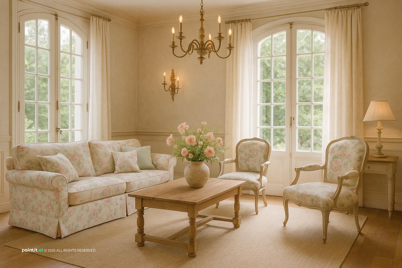 French Living Room Design with lighting and windows and a calm living room atmosphere.