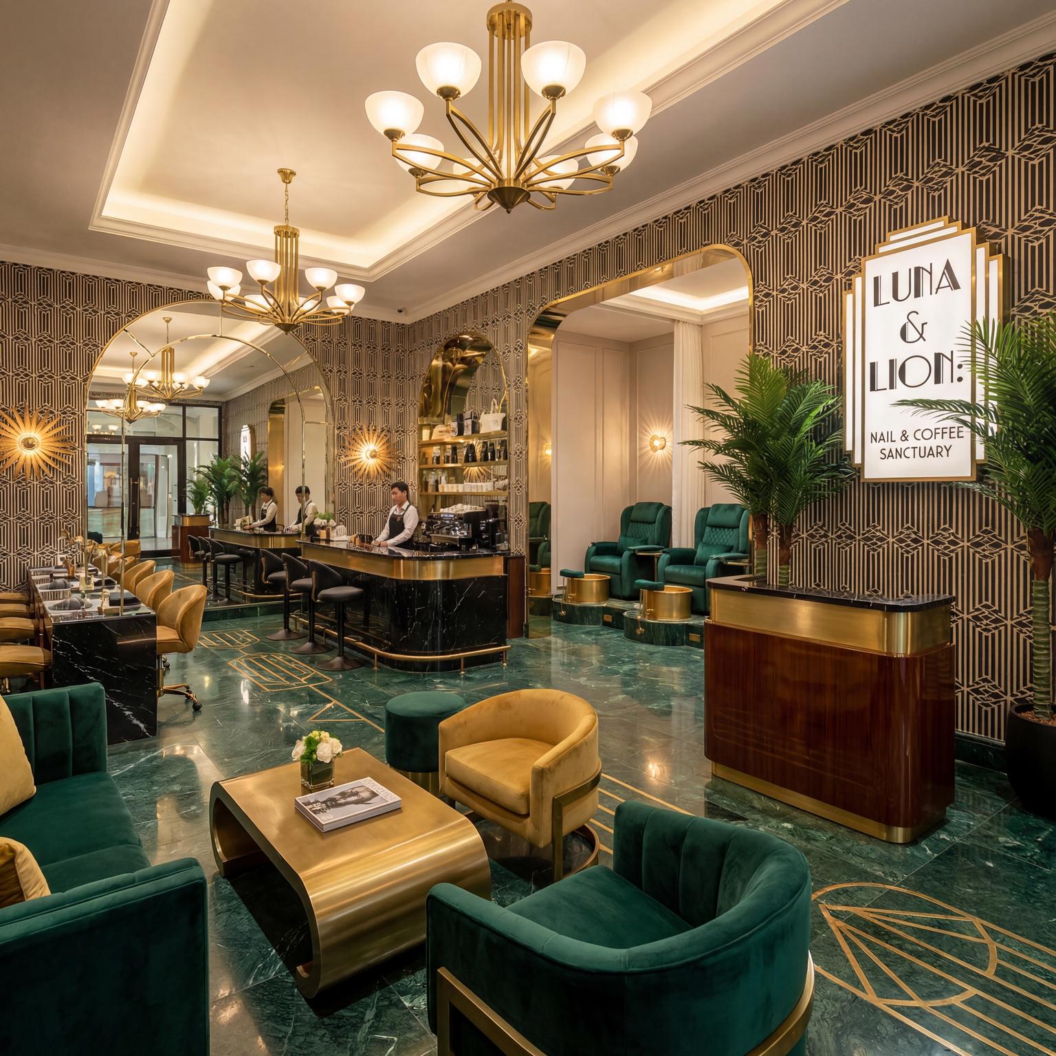 Opulent Art Deco interior design, featuring lavish materials and geometric precision, ideal for a luxurious 1920s living room aesthetic.