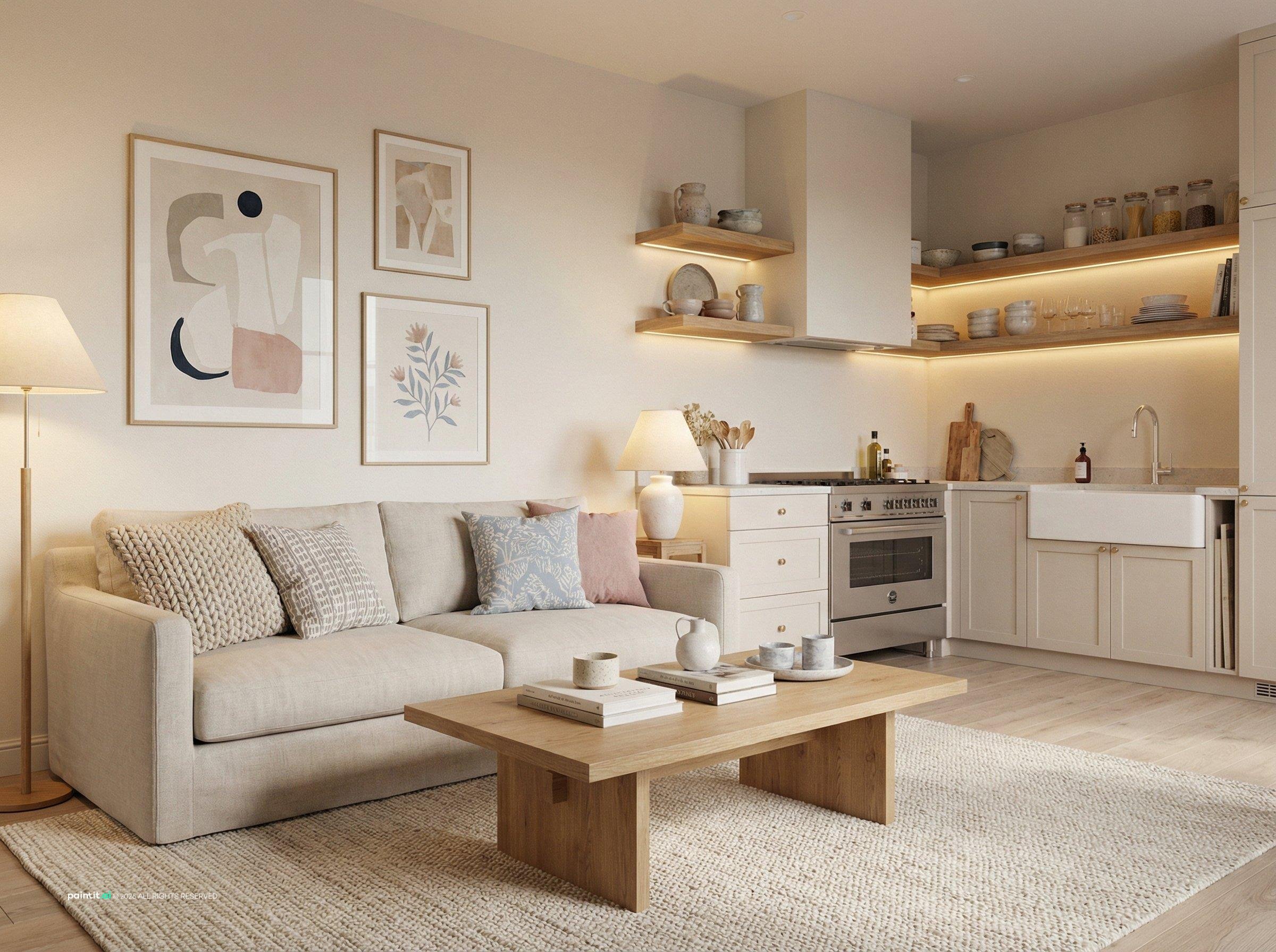 Condo living room and kitchen with open wall shelves, a cream sofa and framed prints