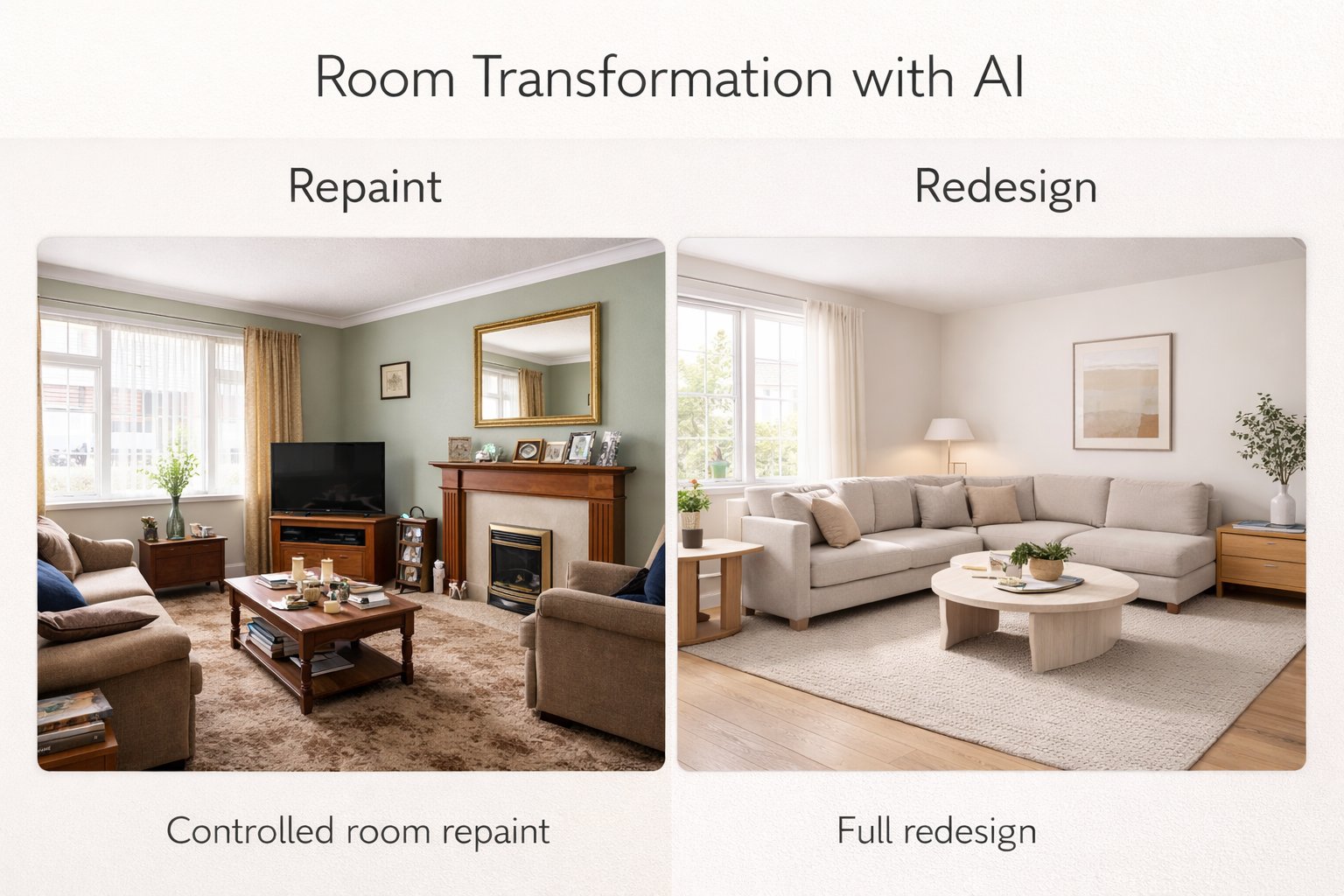 Comparison showing a controlled repaint update versus a full redesign transformation