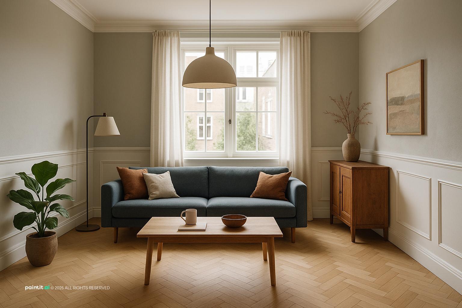 Stylish Dutch-Style Living Room Design showing blue accents, soft textiles, plants and greenery for Blue Living Room Ideas.