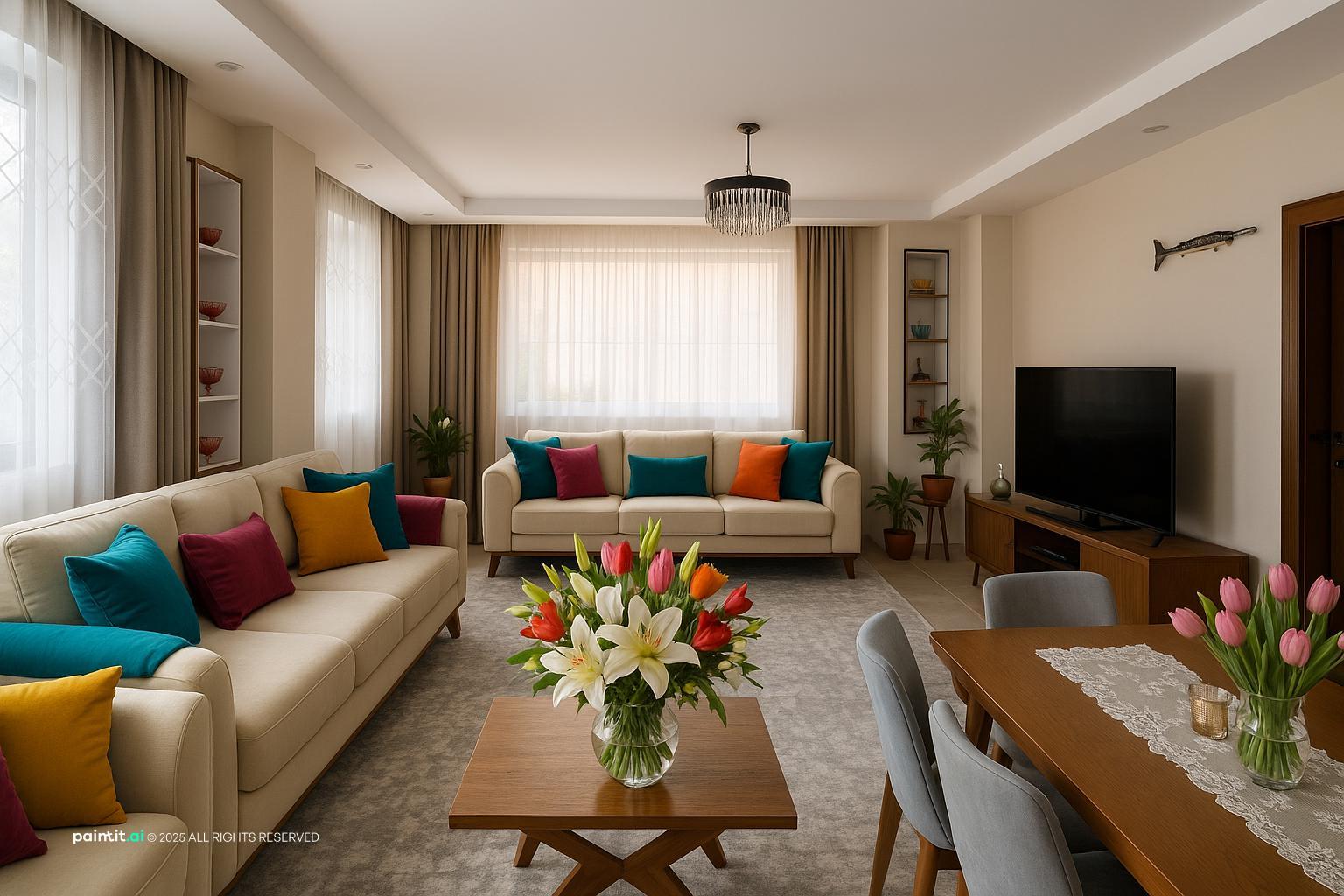 Living room with two sofas covered in colorful cushions, a flower arrangement and a dining area beyond