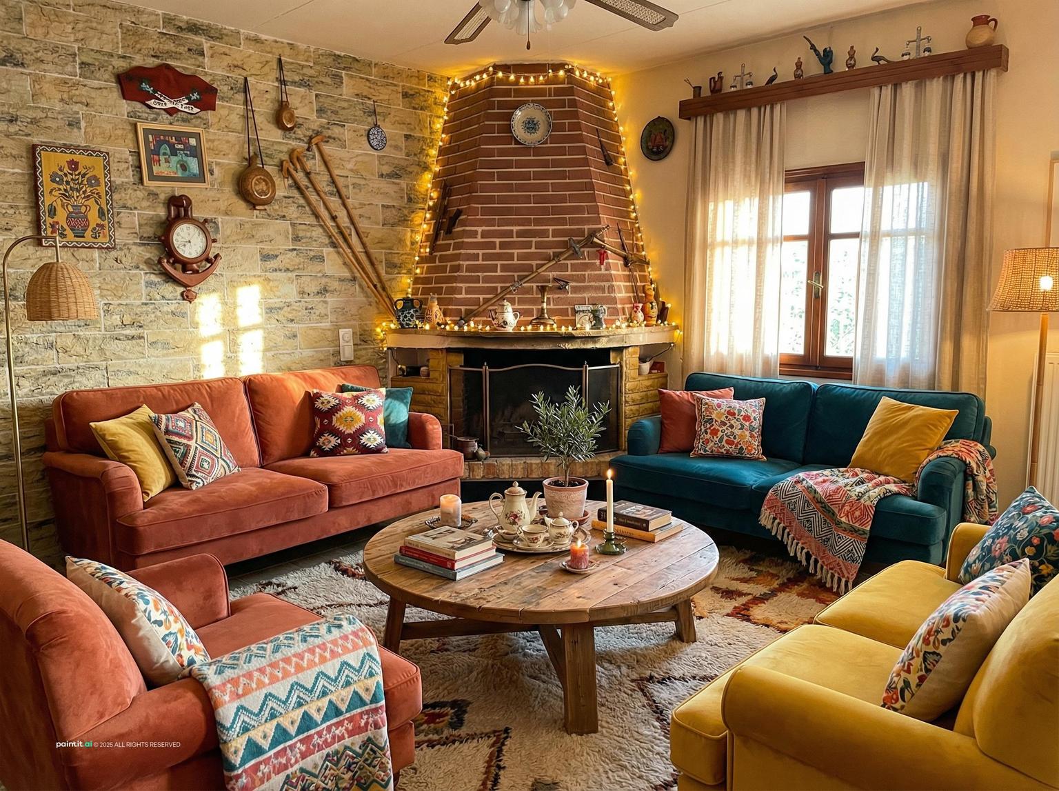 Cozy living room with rust and burnt orange sofas, patterned cushions, a round wooden table and a brick fireplace