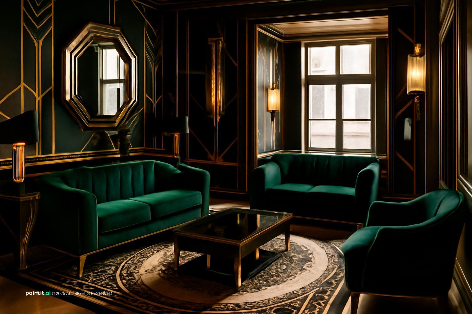 Living room with dark paneled walls, emerald velvet sofas, brass lamps and a patterned rug