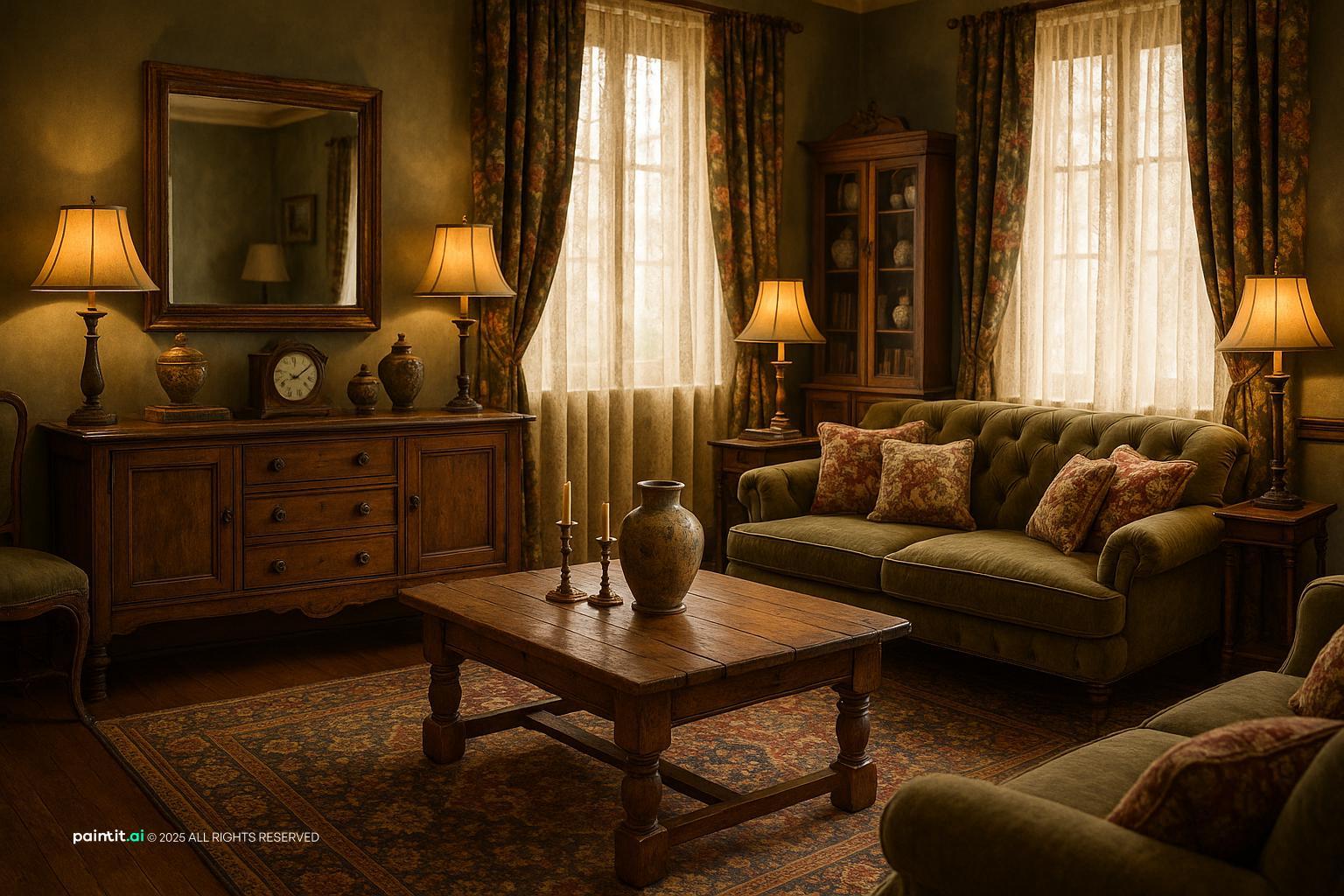 Earthy living room with an olive sofa, antique wood furniture and table lamps