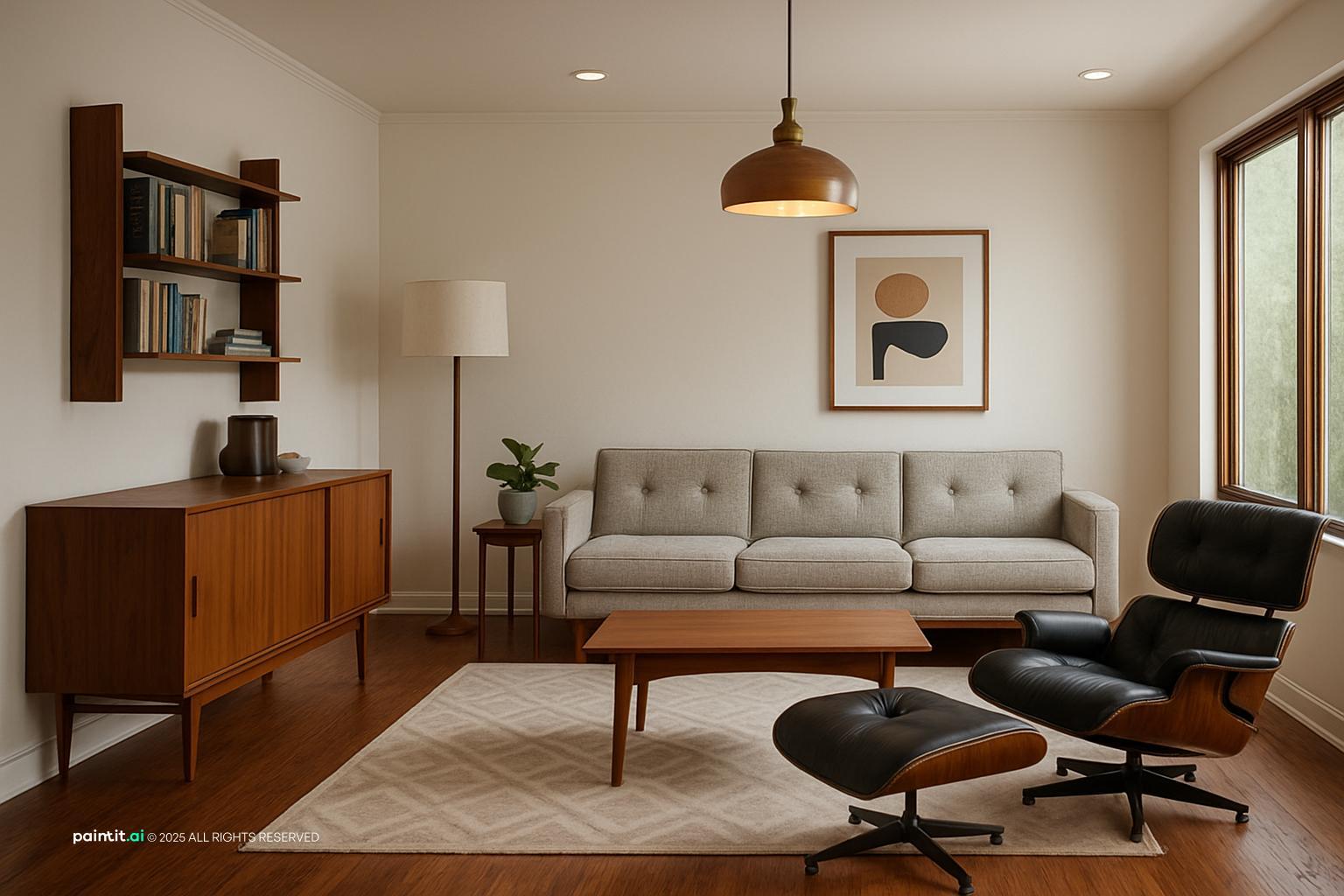 Living room with a teak sideboard, wall shelves, a gray sofa, a leather lounge chair and a pendant lamp
