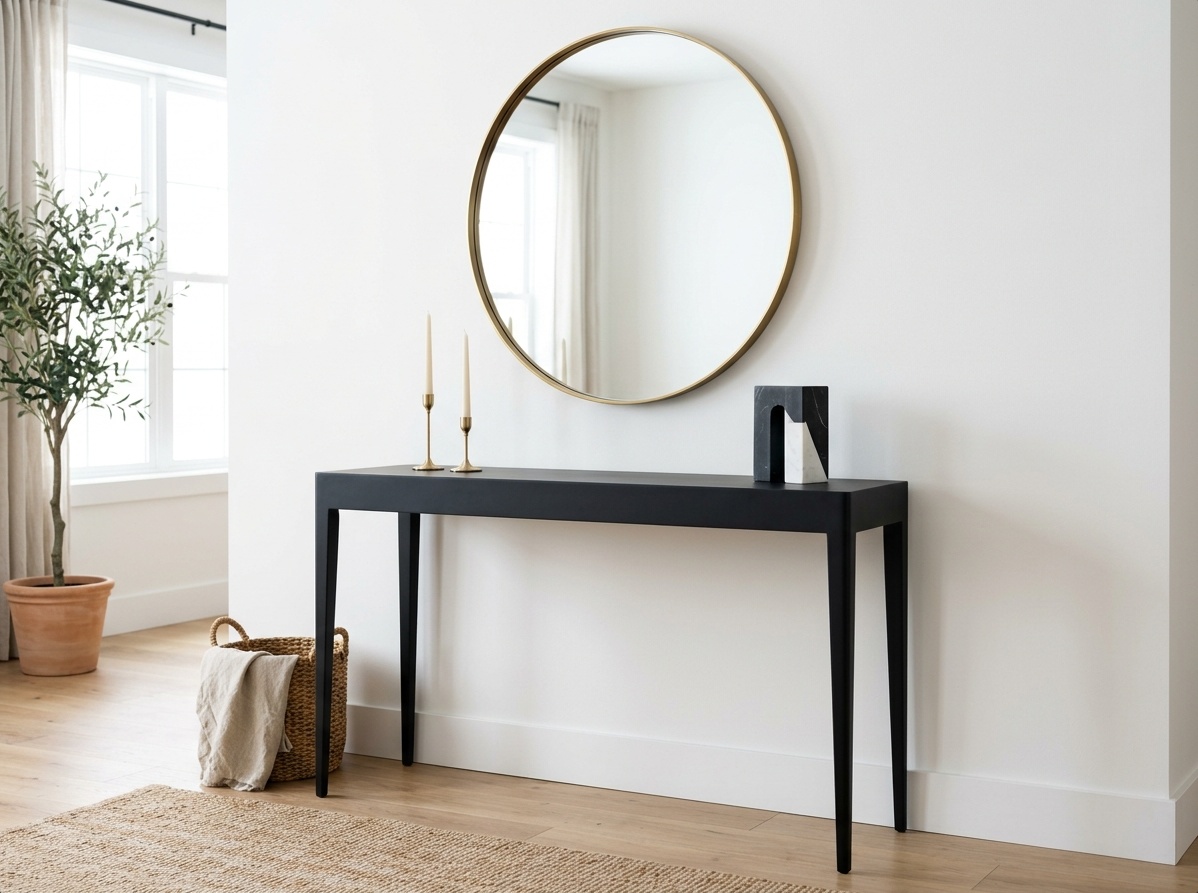 Modern console table in matte black with slim tapered legs,  brass candleholders, and a round brass mirror above on a white wall