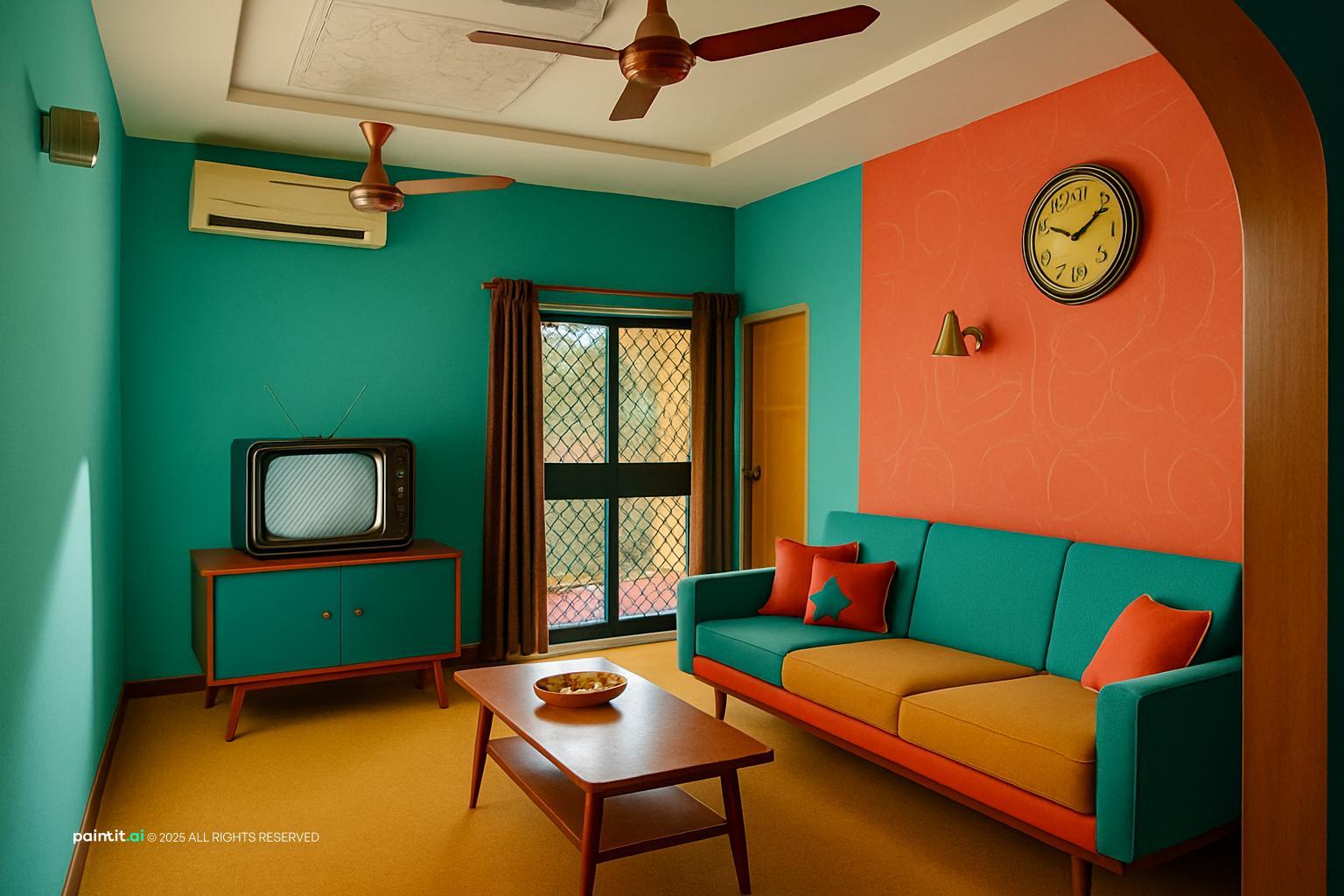 1950s living room with teal and coral walls, a teal sofa, a vintage TV and a round wall clock