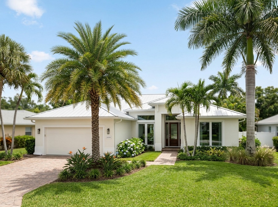 Florida stucco home in warm white acrylic exterior paint under bright midday sun