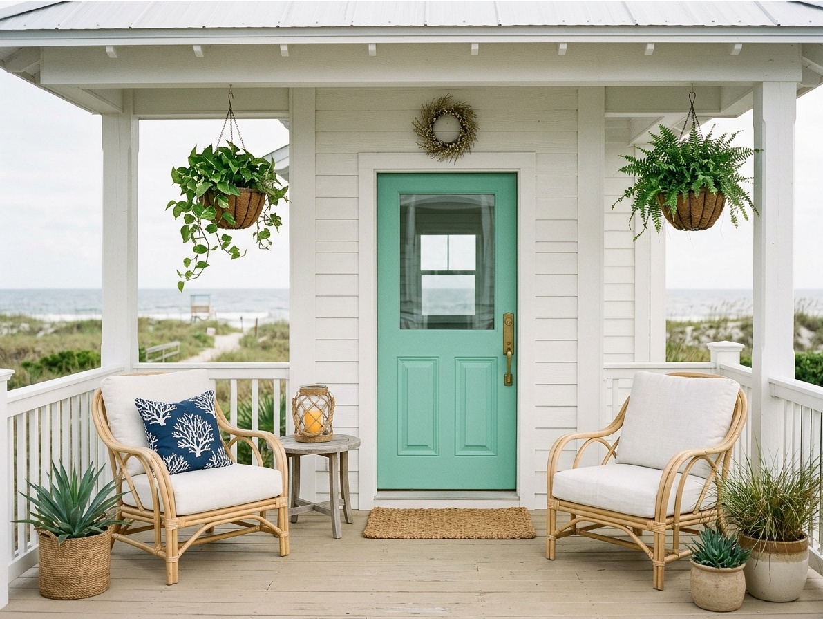 Coastal front porch with seafoam green door, rattan chairs,  rope lantern, and hanging baskets on white shiplap siding