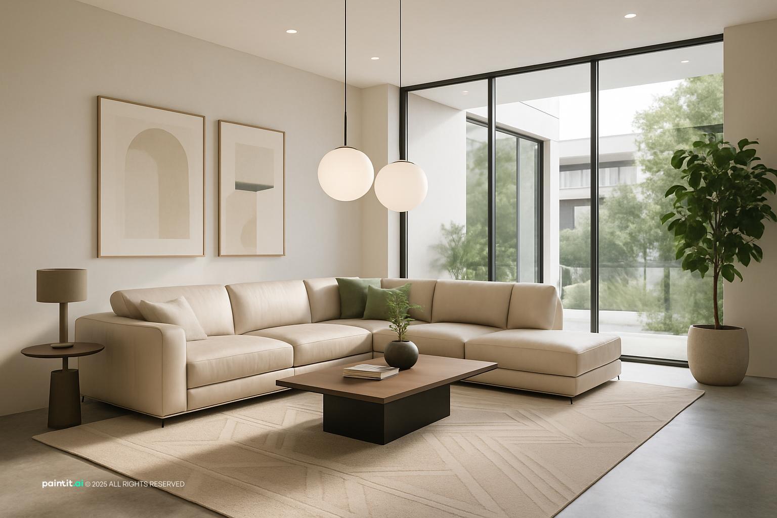 Stunning Contemporary Living Room Design showing clean-lined furniture, plants and greenery, open layout for Living Room Makeover Ideas.