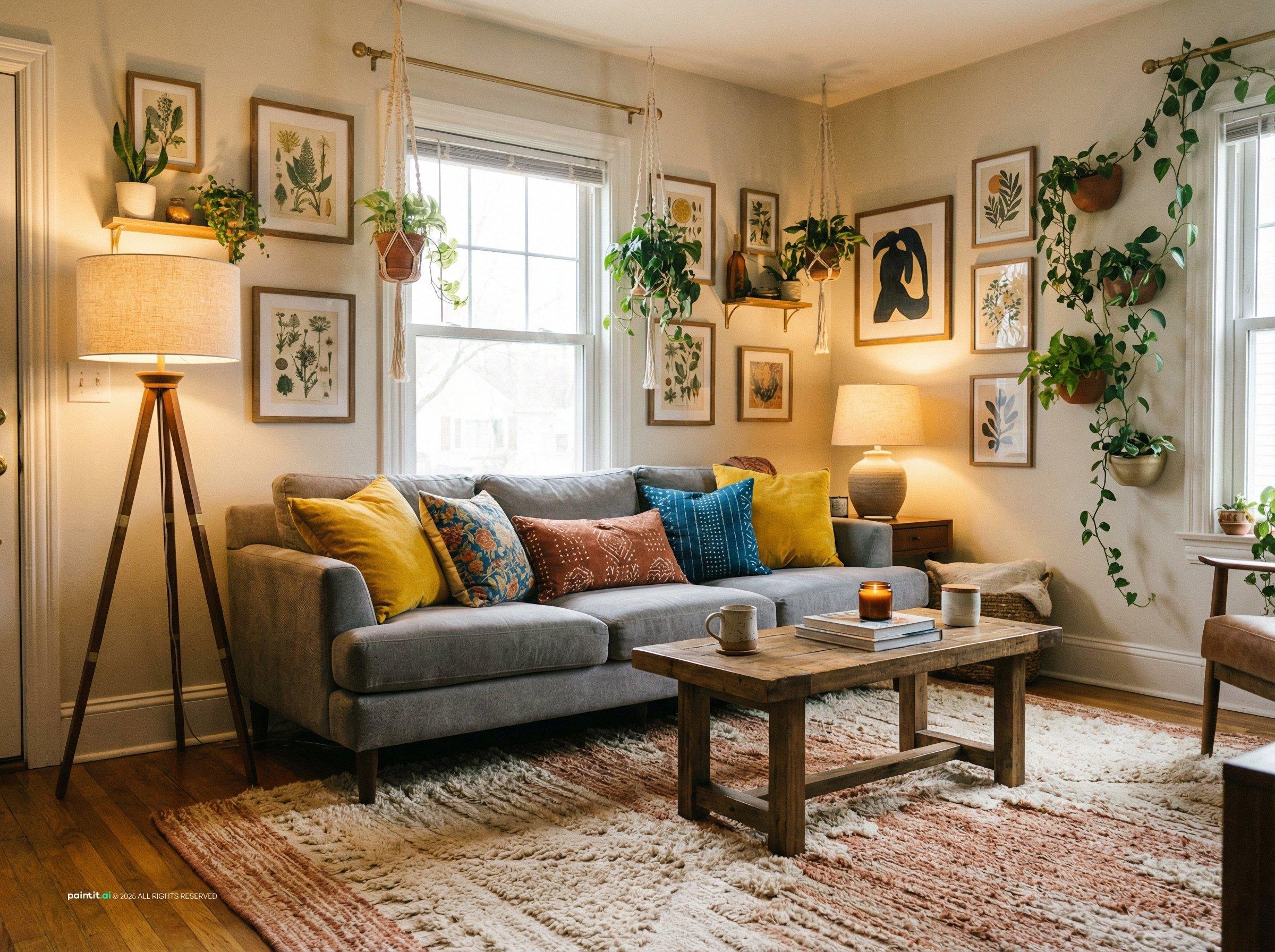 Living room with a grey sofa, mustard and teal cushions, a gallery wall, a vintage rug and hanging plants
