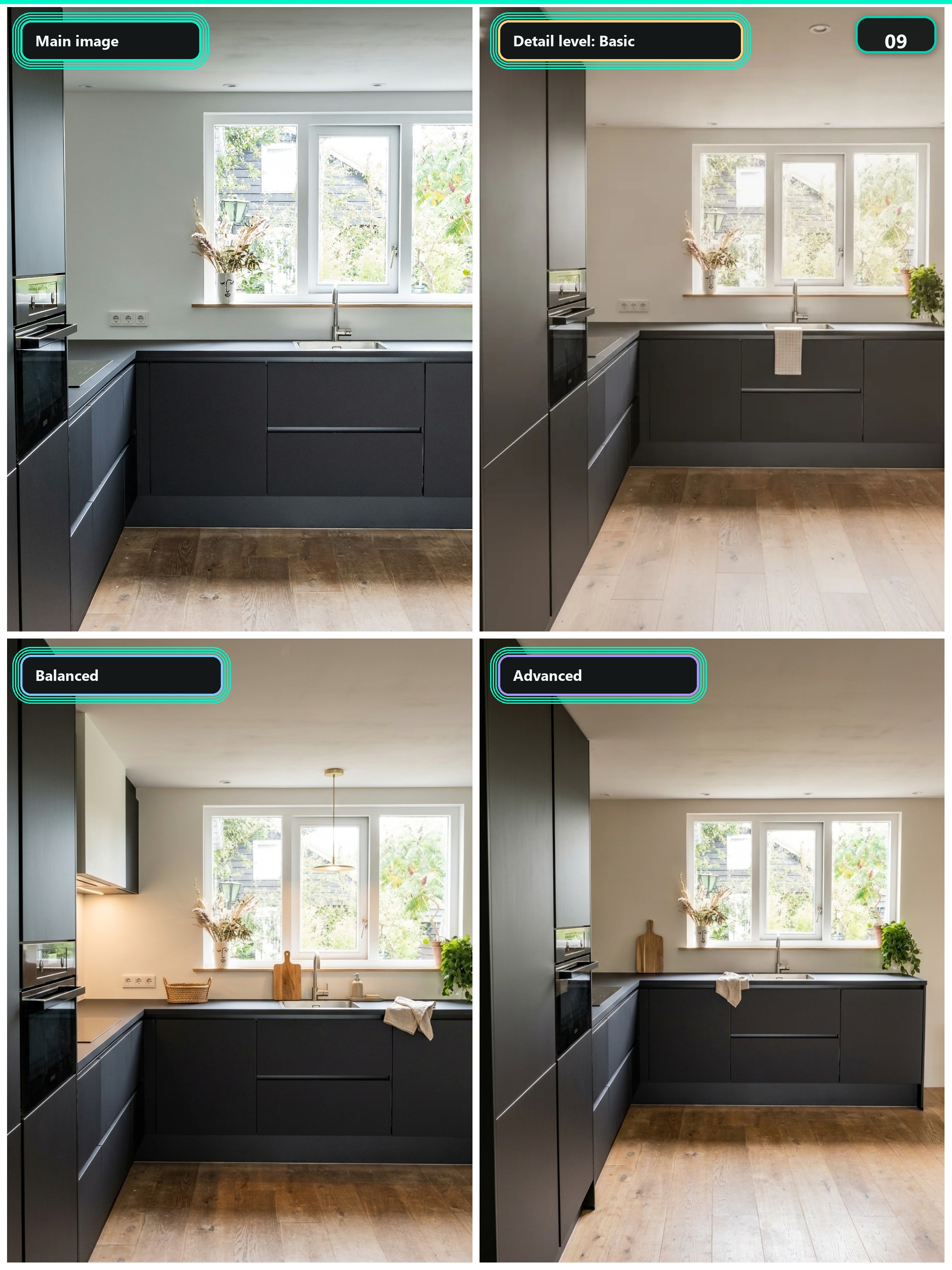 Four-panel comparison showing a main kitchen image and Paintit.ai outputs at Basic, Balanced, and Advanced detail levels.